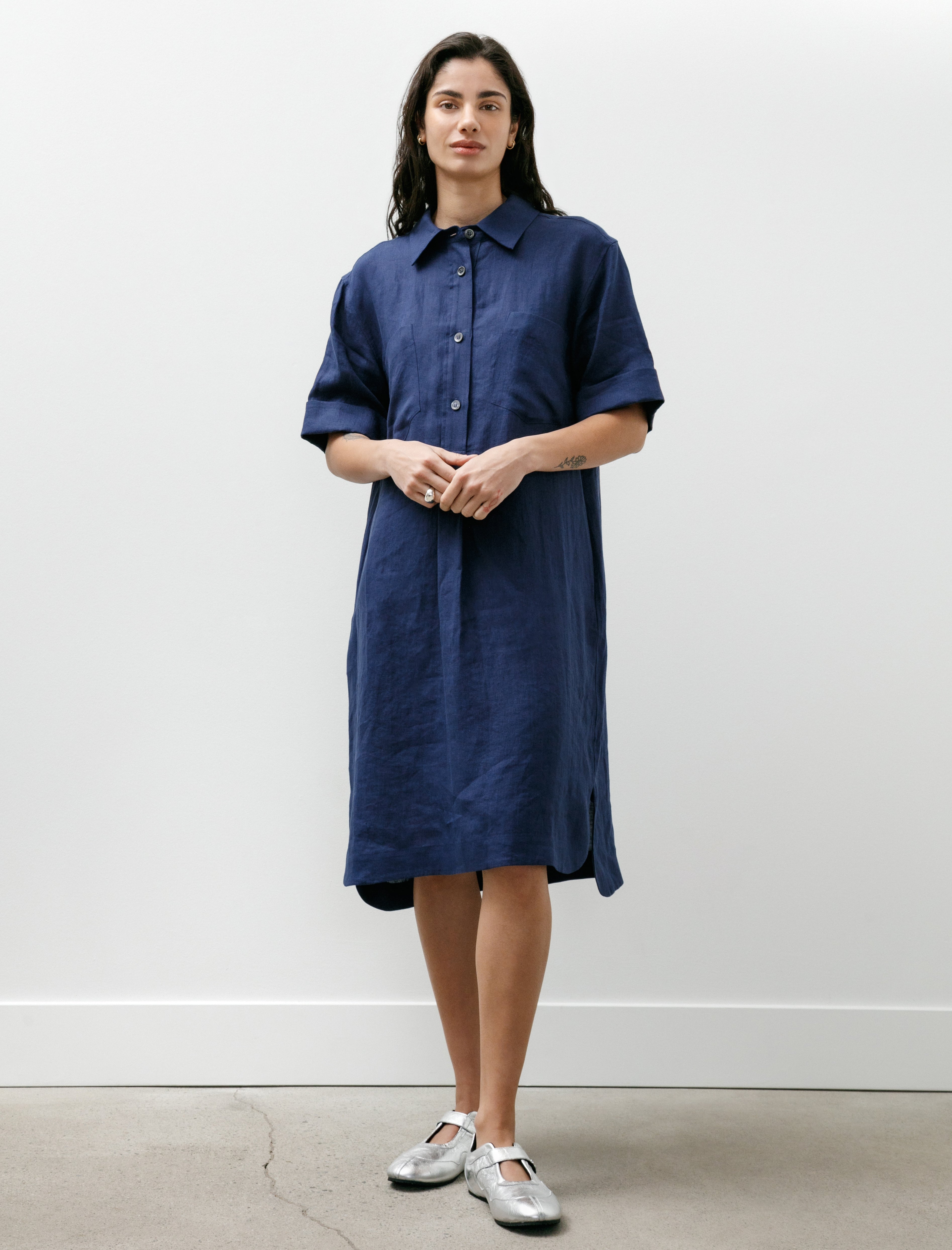Margaret Howell Short Sleeve Shirt Dress Shirting Linen Deep Blue