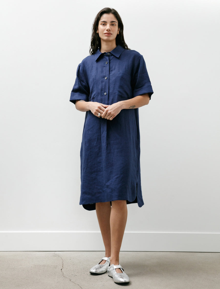 Margaret Howell Short Sleeve Shirt Dress Shirting Linen Deep Blue