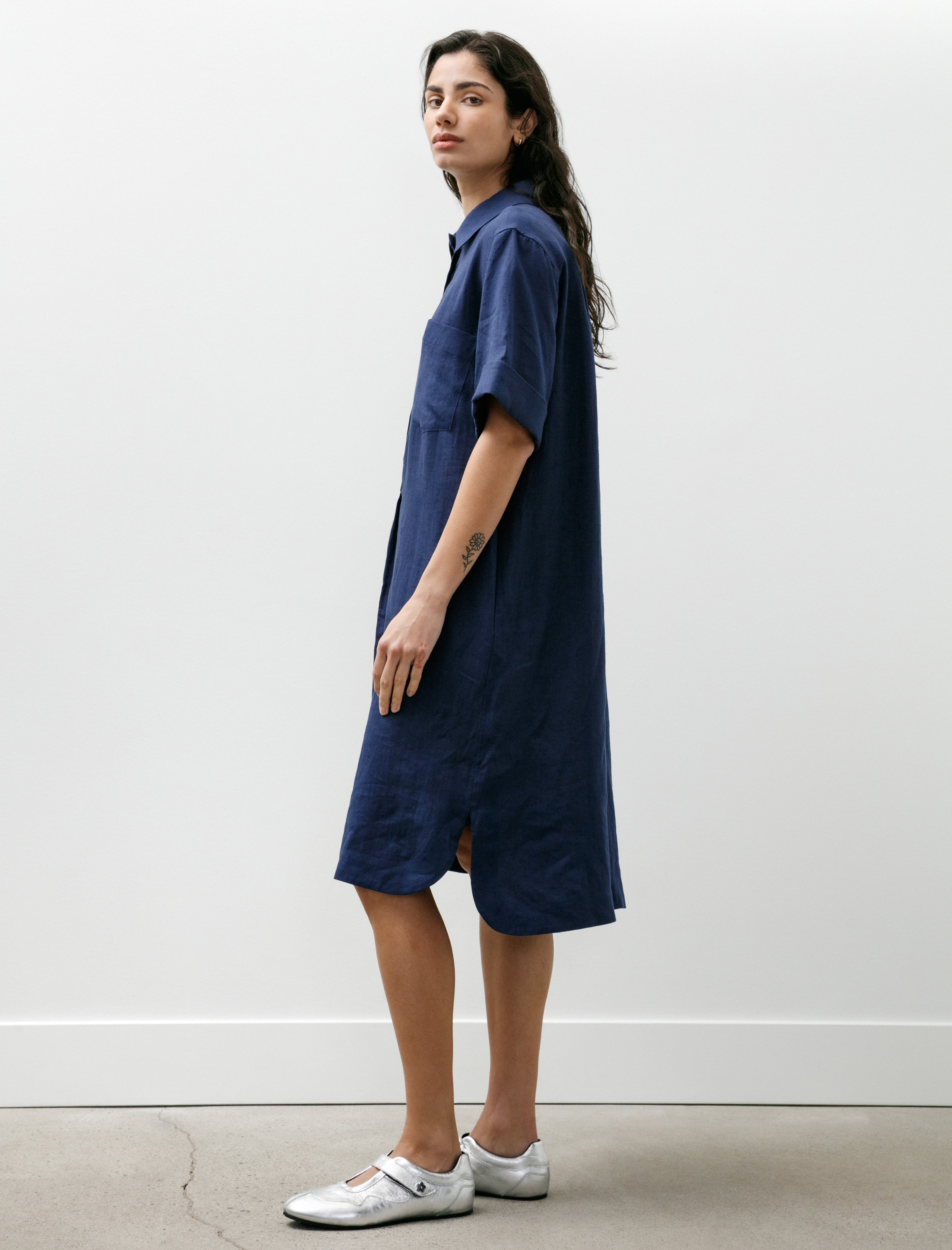 Short Sleeve Shirt Dress Shirting Linen Deep Blue