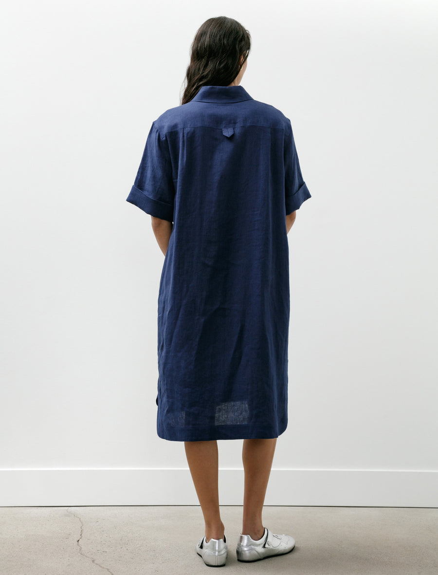 Margaret Howell Short Sleeve Shirt Dress Shirting Linen Deep Blue