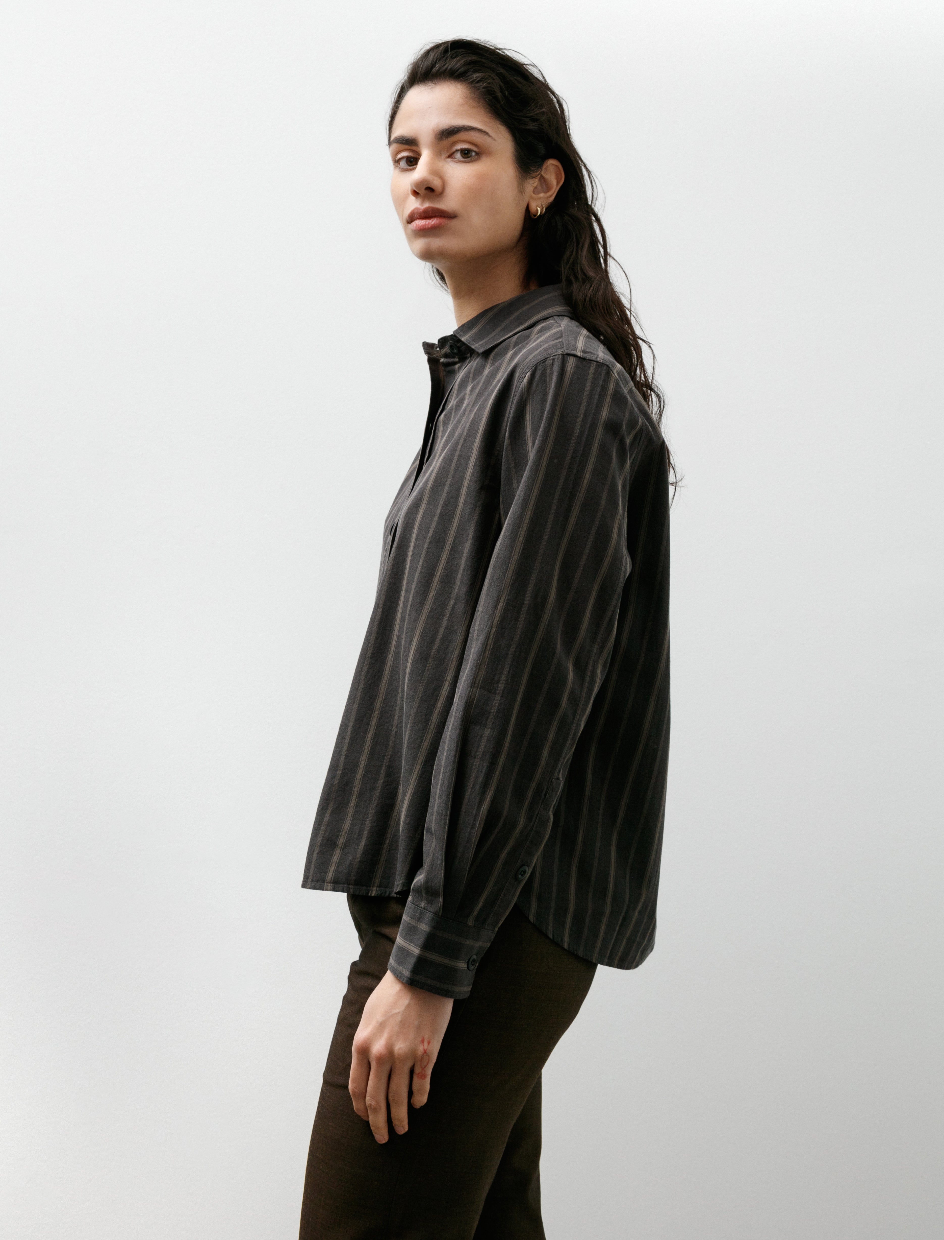 Margaret Howell MHL Simple Shirt Bold Stripe Cotton Off Black/Khaki