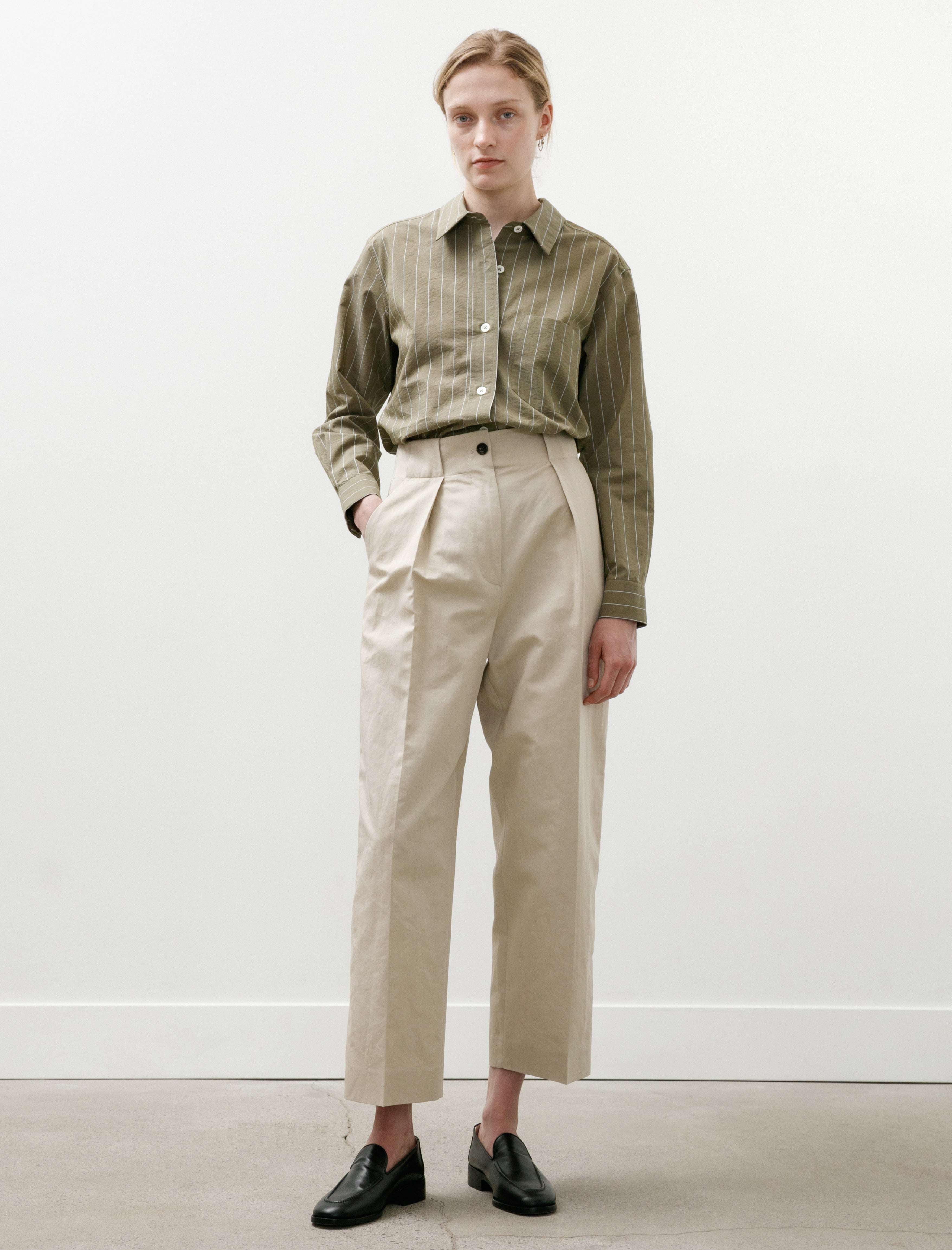 Margaret Howell Wide Belt Loop Trousers Cotton Linen Twill Stone