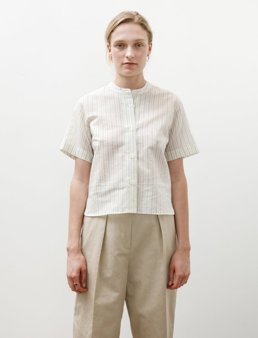 Margaret Howell Short Sleeve Collarless Shirt Cotton Silk Graphic Stripe Ecru/Pale Blue – Neighbour
