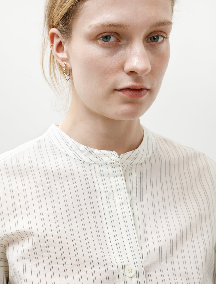 Short Sleeve Collarless Shirt Cotton Silk Graphic Stripe Ecru/Pale Blue - Image 4