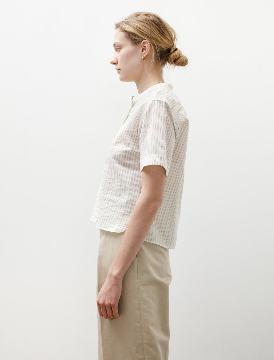 Short Sleeve Collarless Shirt Cotton Silk Graphic Stripe Ecru/Pale Blue - Image 2