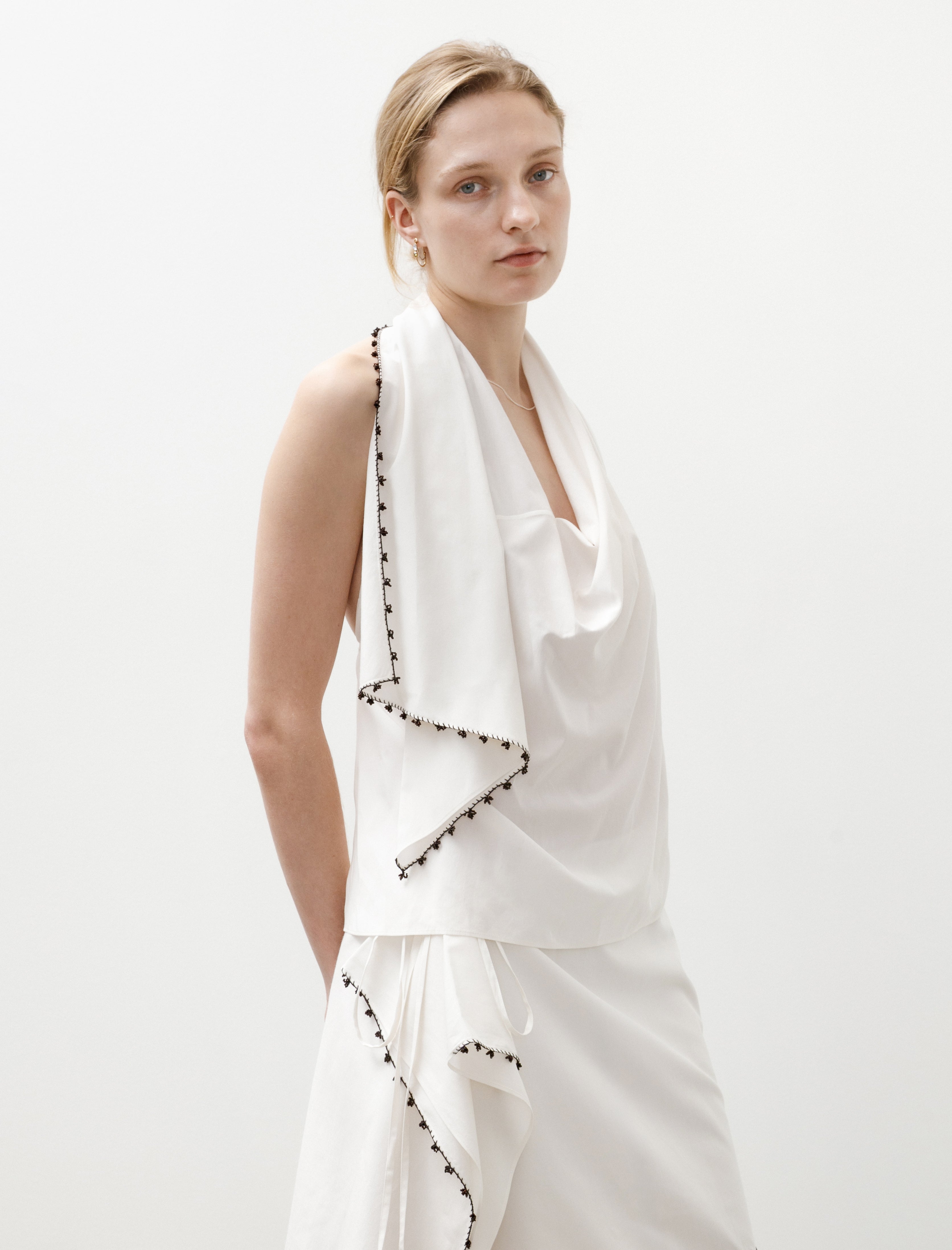 Sera Draped Scarf Top with Oya Beads Almost White/Brown Beads