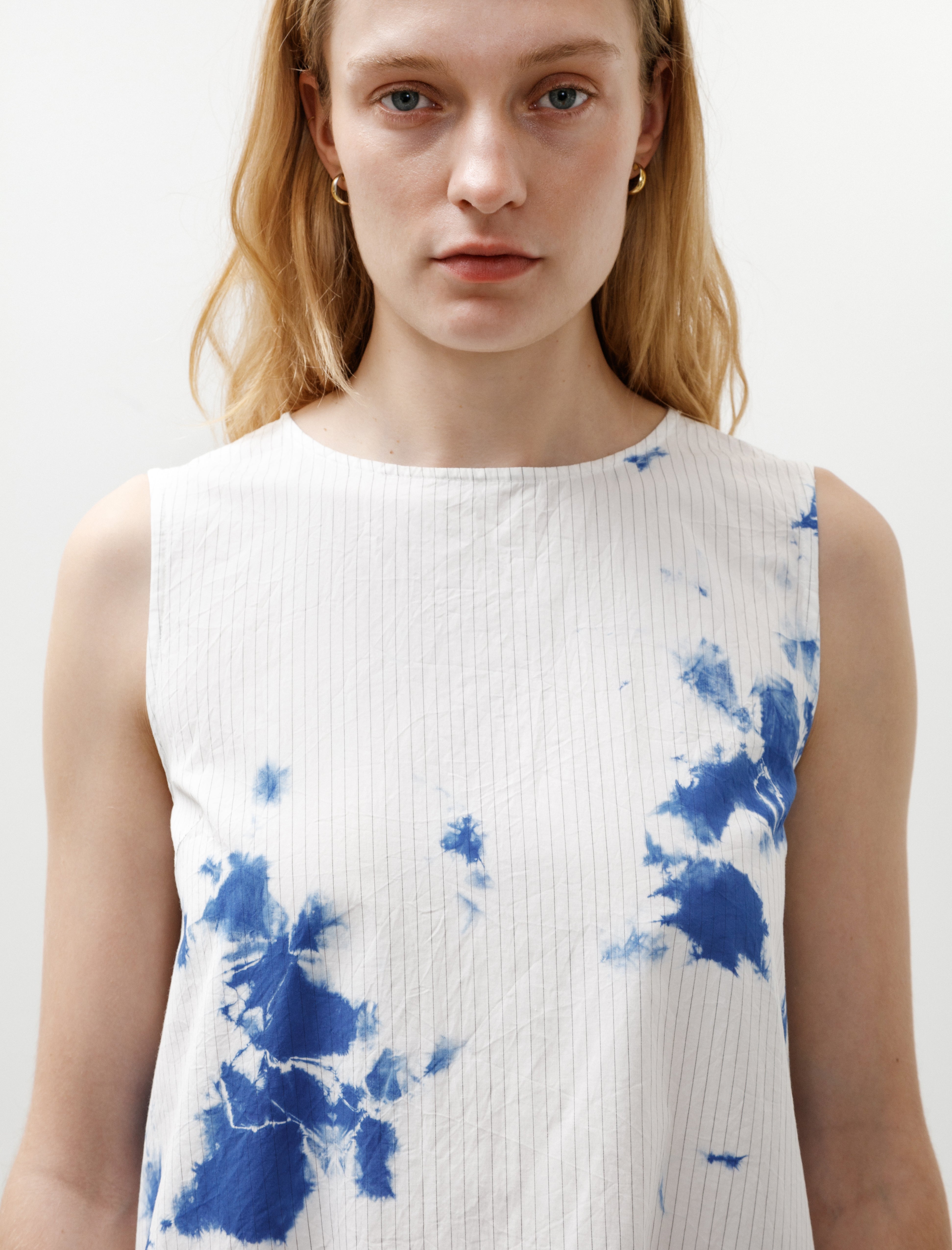 Suzusan Cotton Pinstripe Sleeveless Dress Madara Shibori Blue/White