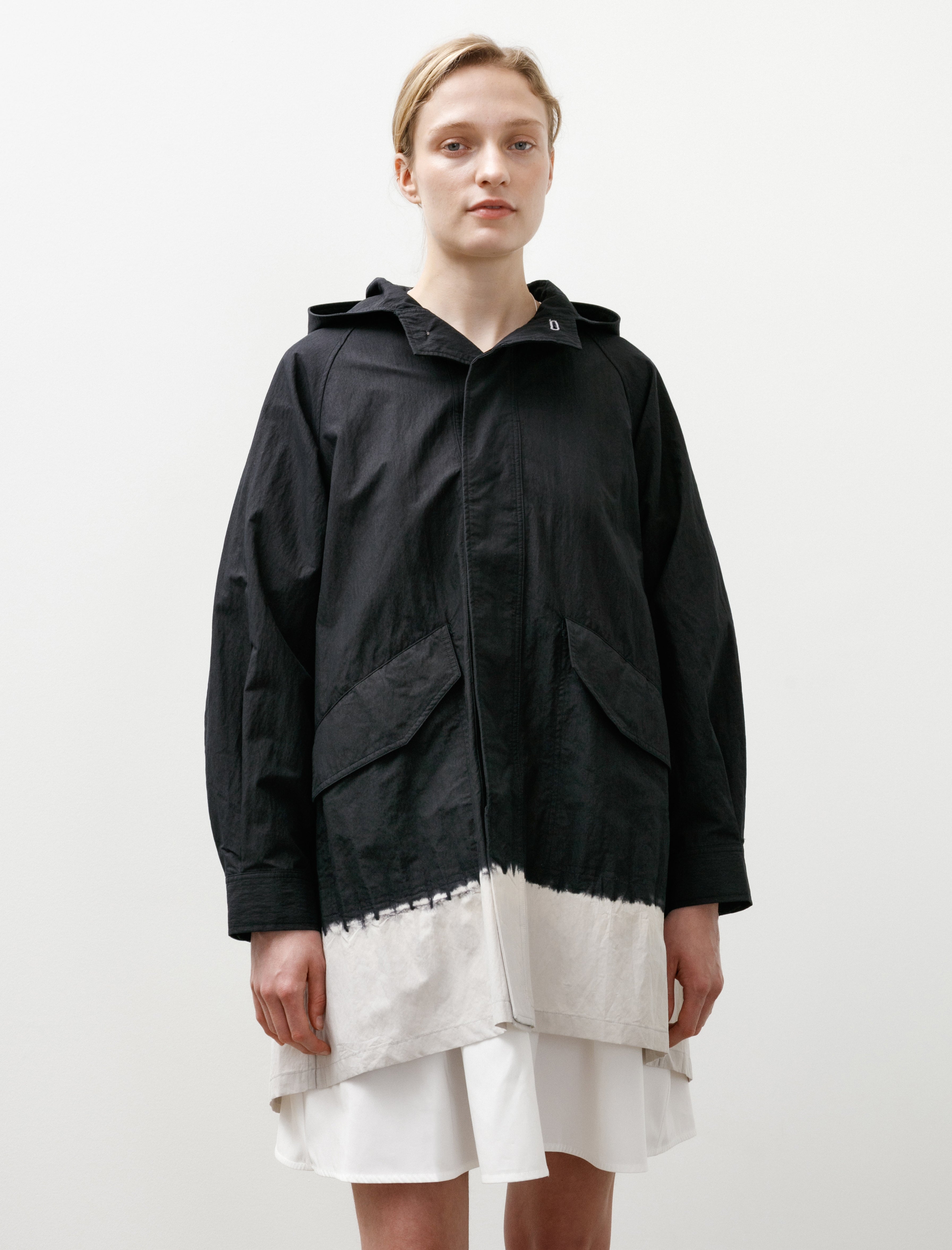 Suzusan Cotton Nylon Hooded Long Coat Boushi Somewake Shibori Black/