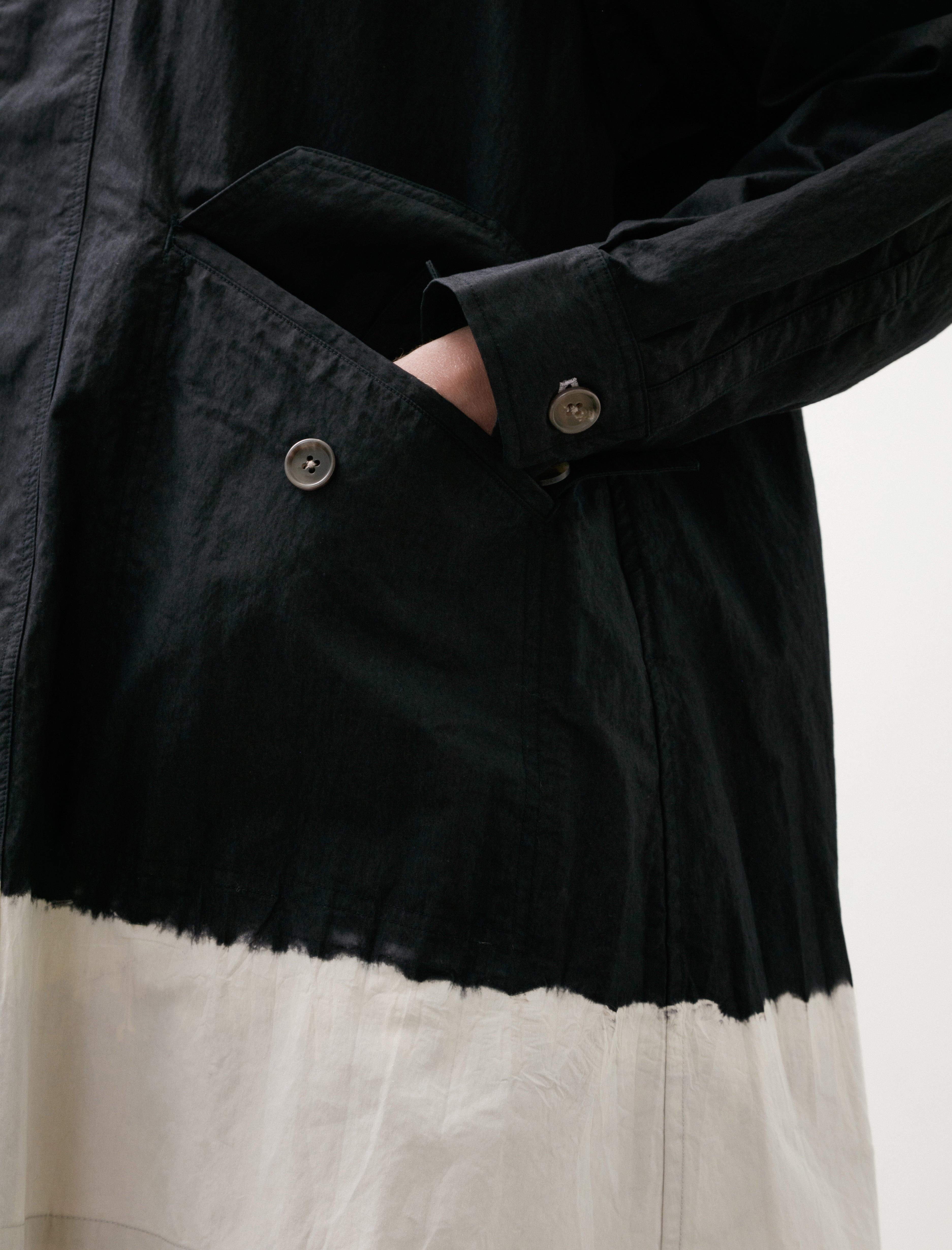 Suzusan Cotton Nylon Hooded Long Coat Boushi Somewake Shibori Black/