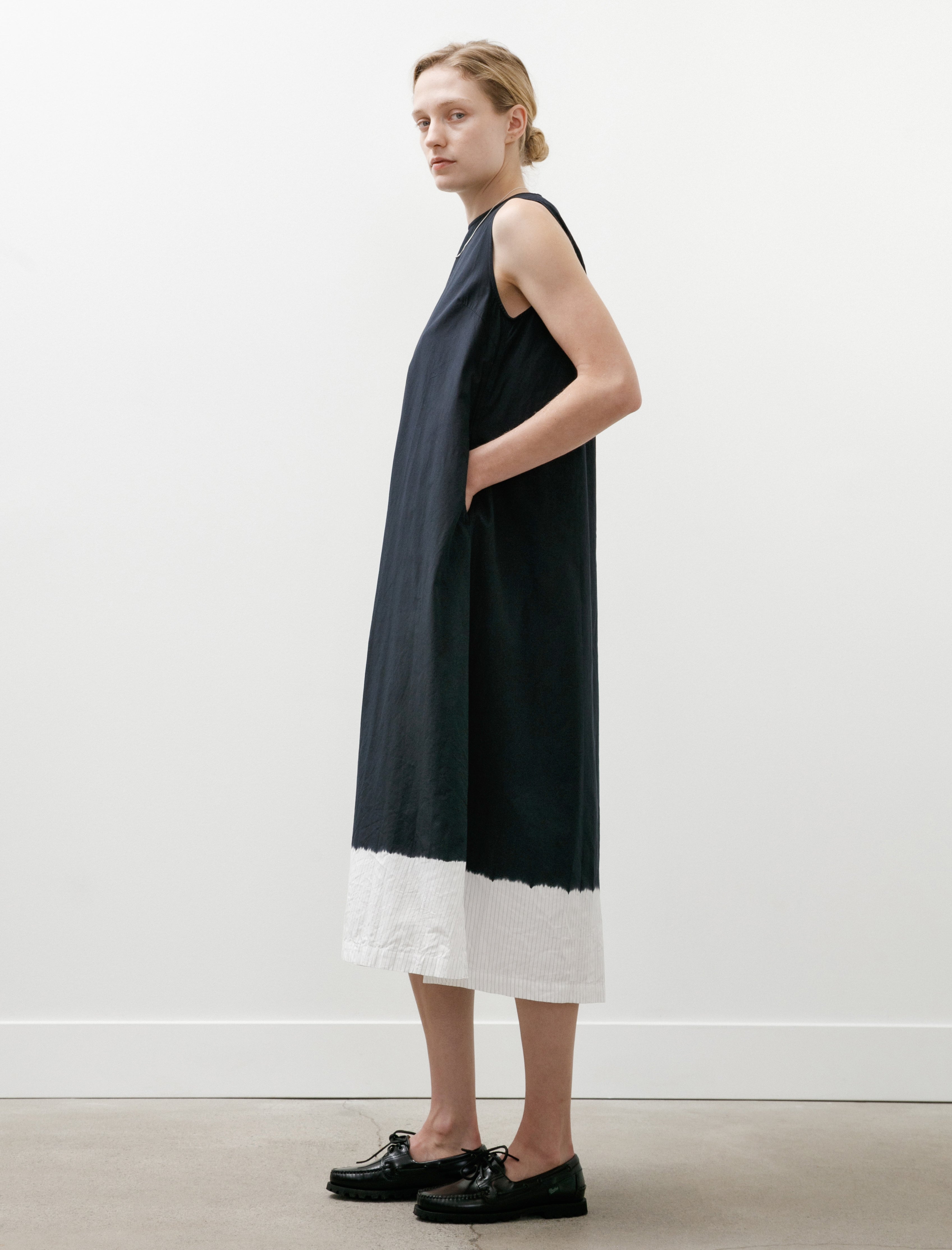 Suzusan Cotton Pinstripe Sleeveless Dress Boushi Somewake Shibori Black