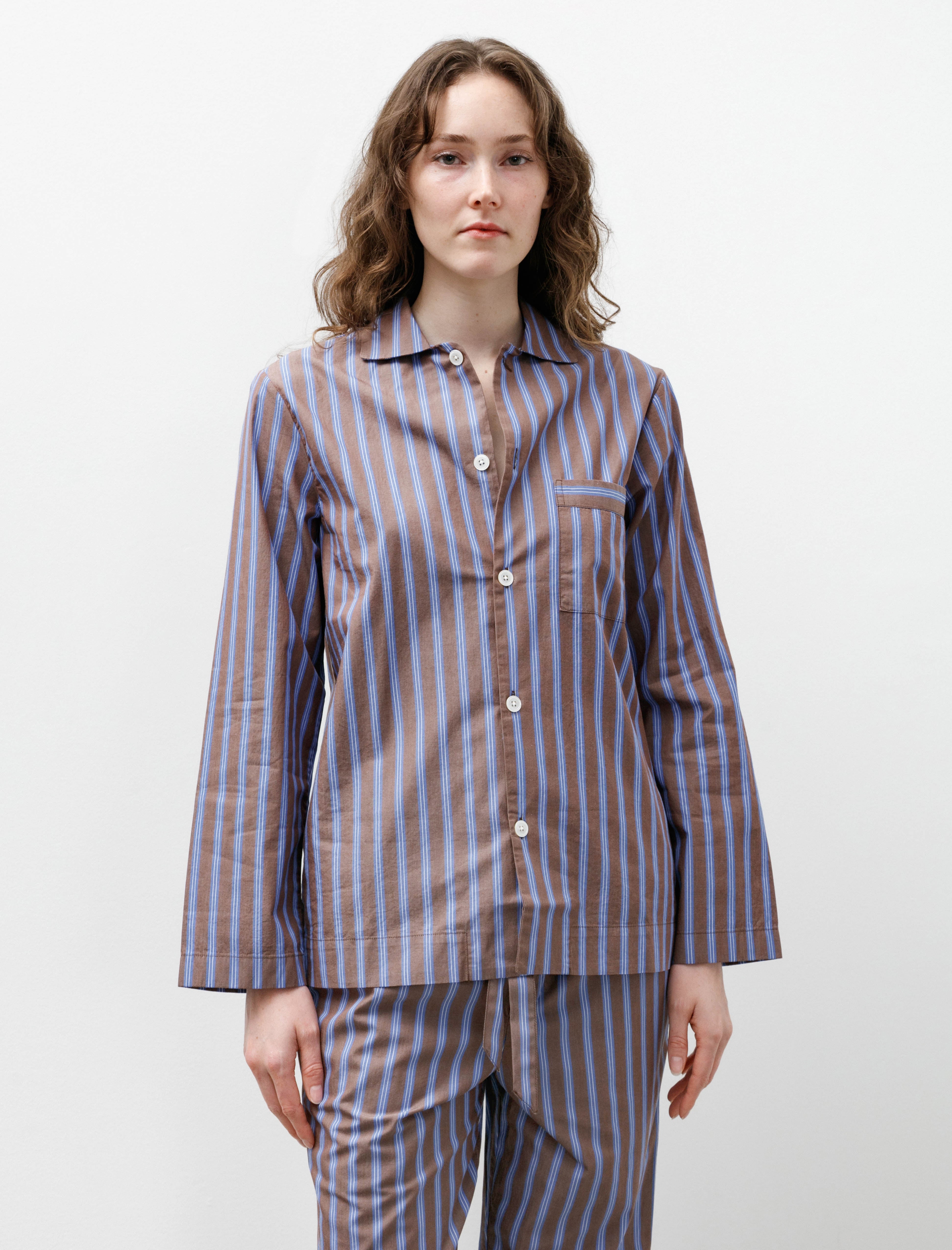 Tekla Poplin Pyjama Shirt Chestnut Stripe
