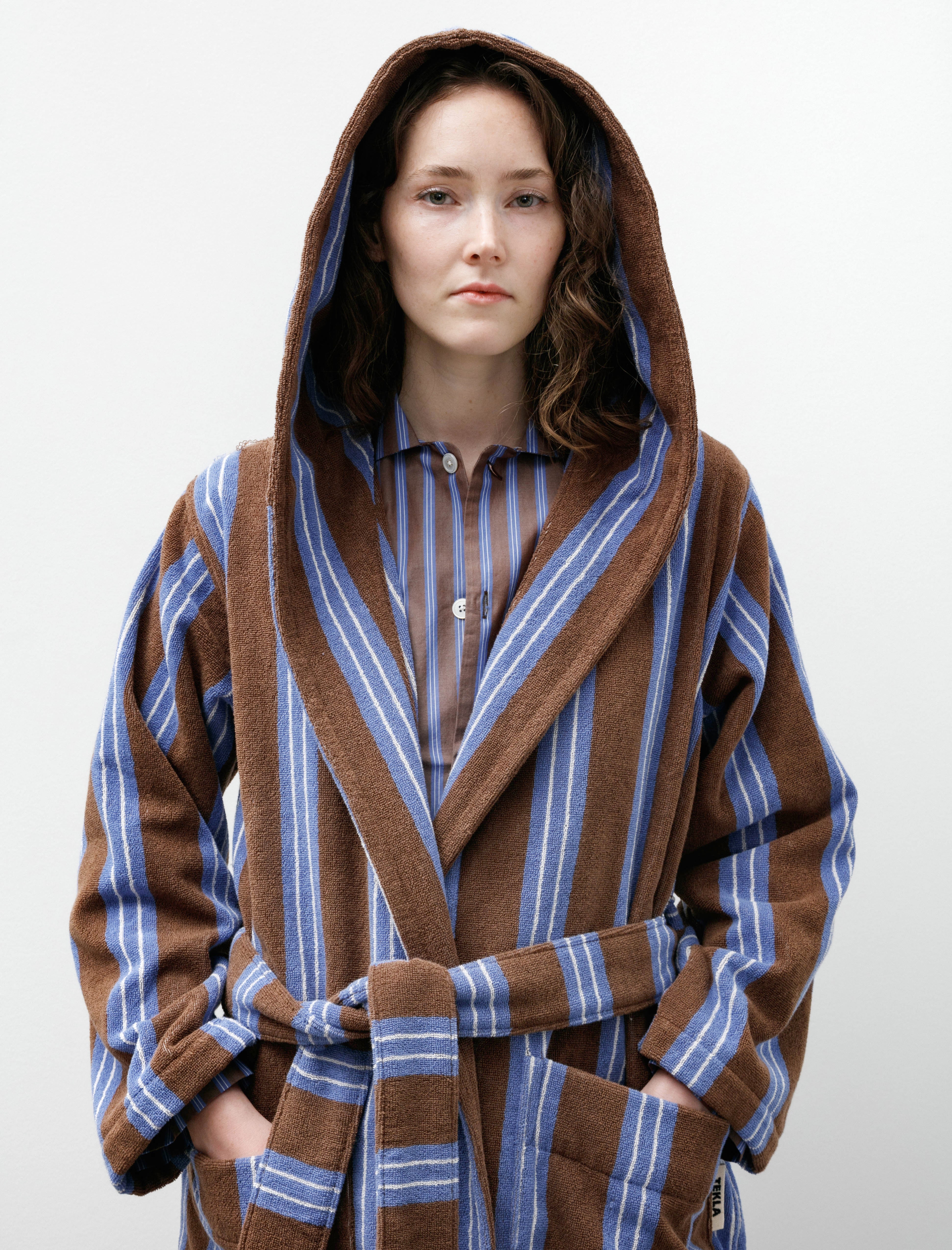 Tekla Hooded Bathrobe Chestnut Stripes