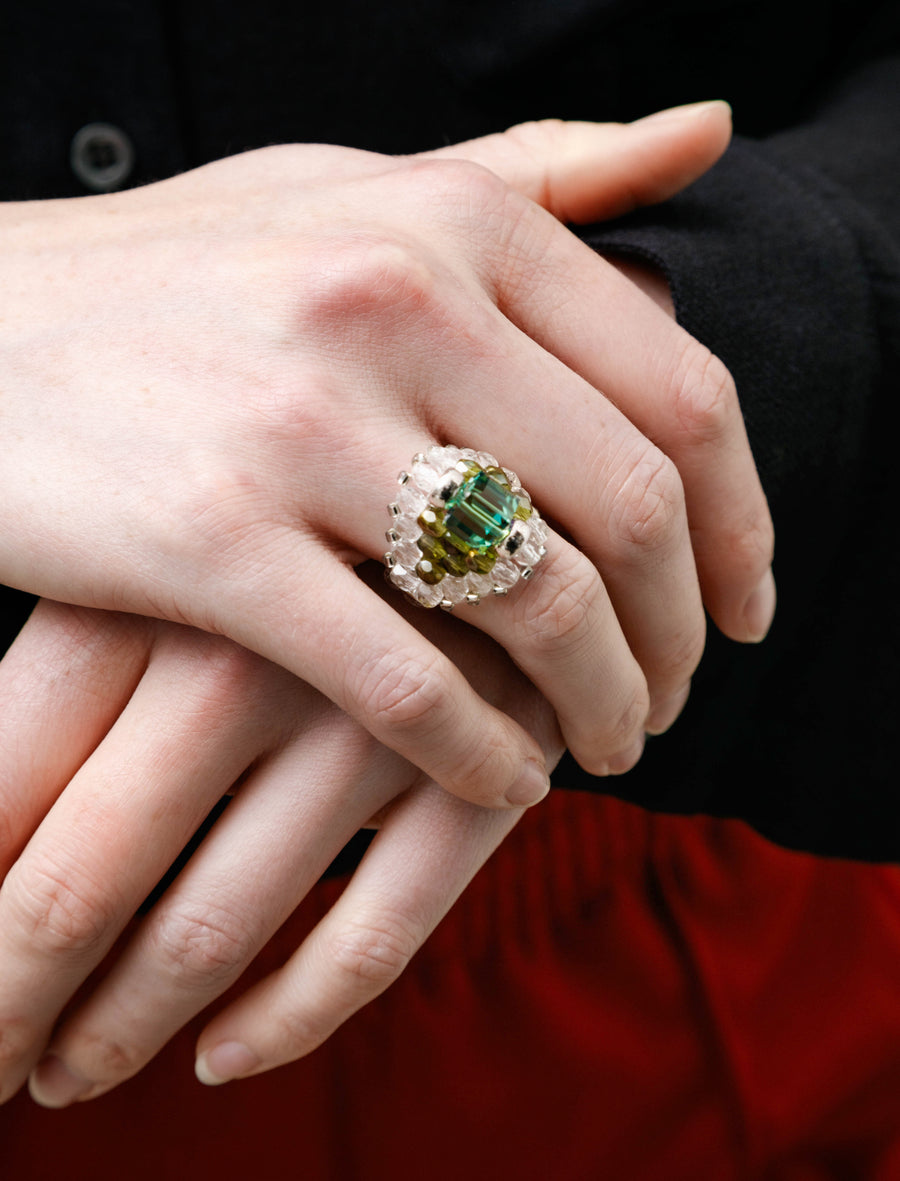 Needles x Tie A Knot Square Crystal Beads Ring Green/Clear - Image 1