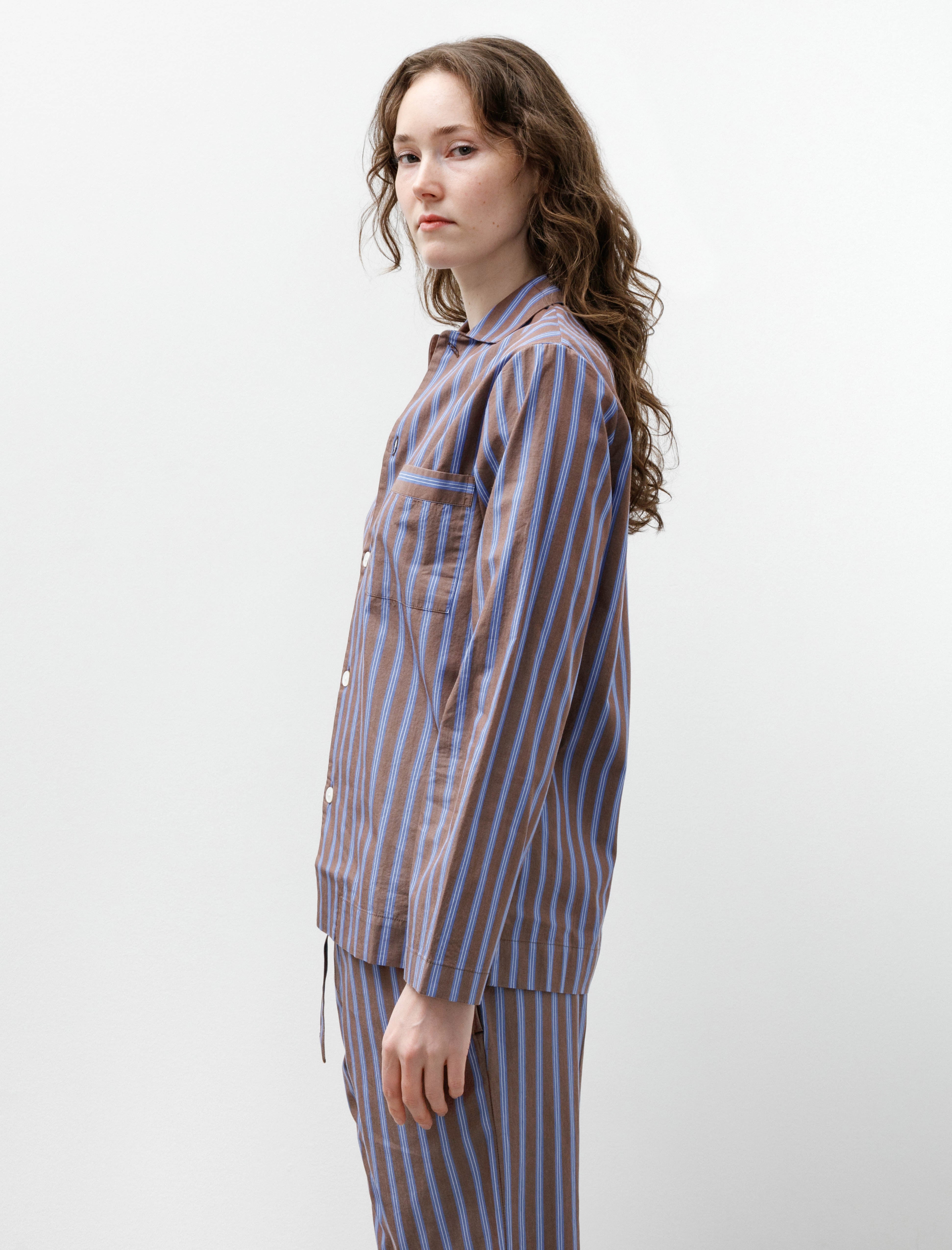 Tekla Poplin Pyjama Shirt Chestnut Stripe