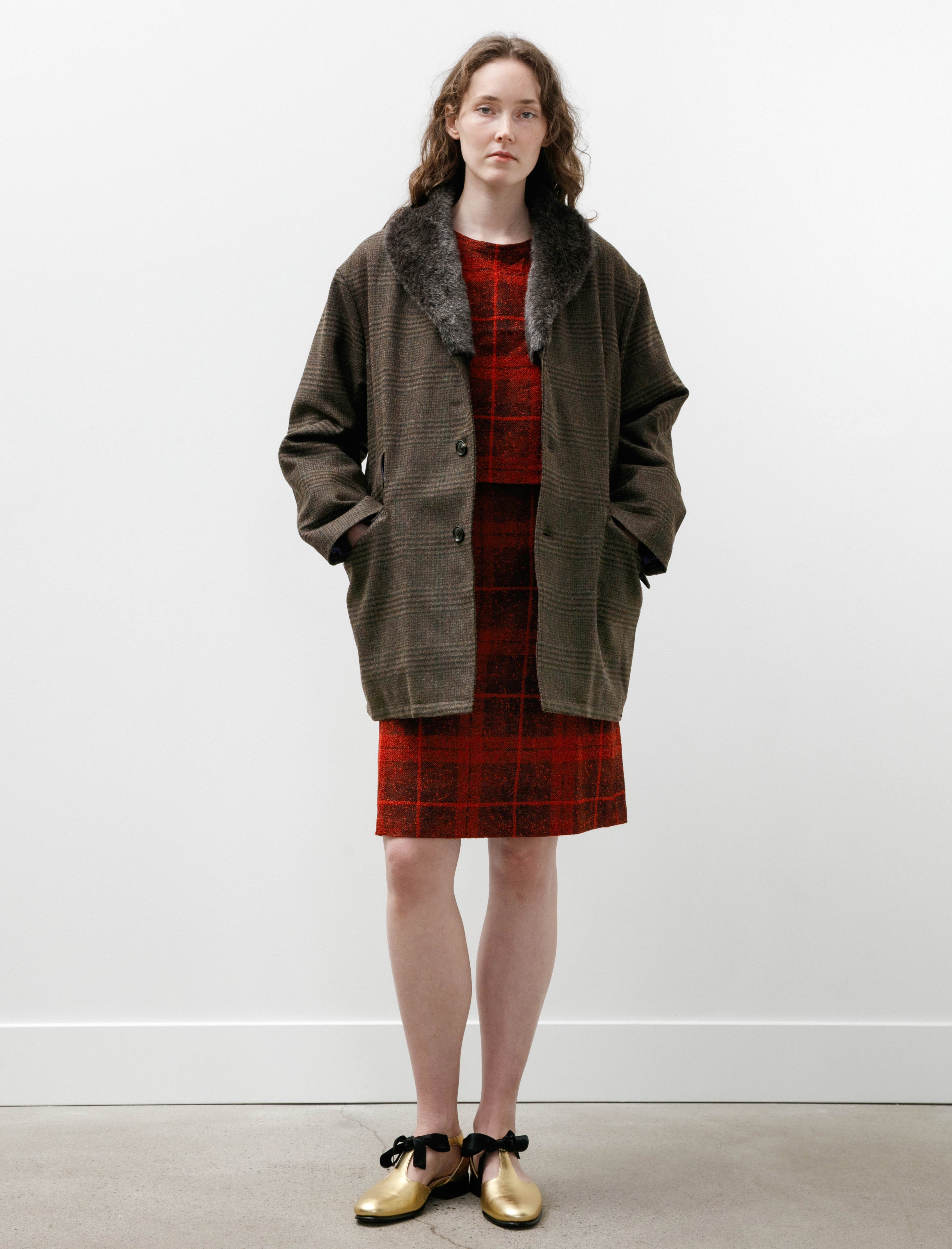 Needles Shawl Collar Coat Wool Glen Plaid Olive