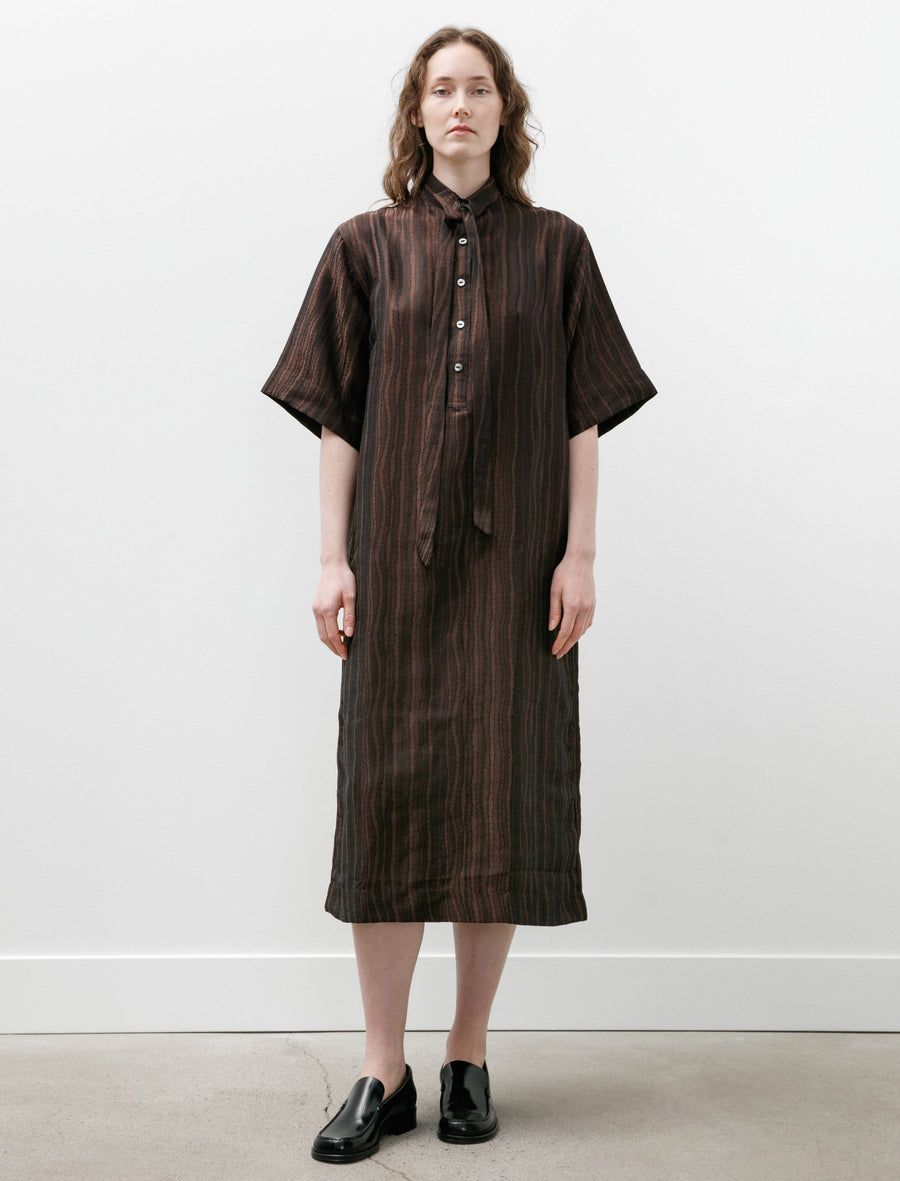 Ascot Collar Dress Zig Zag Stripe Jacquard Brown - Image 1