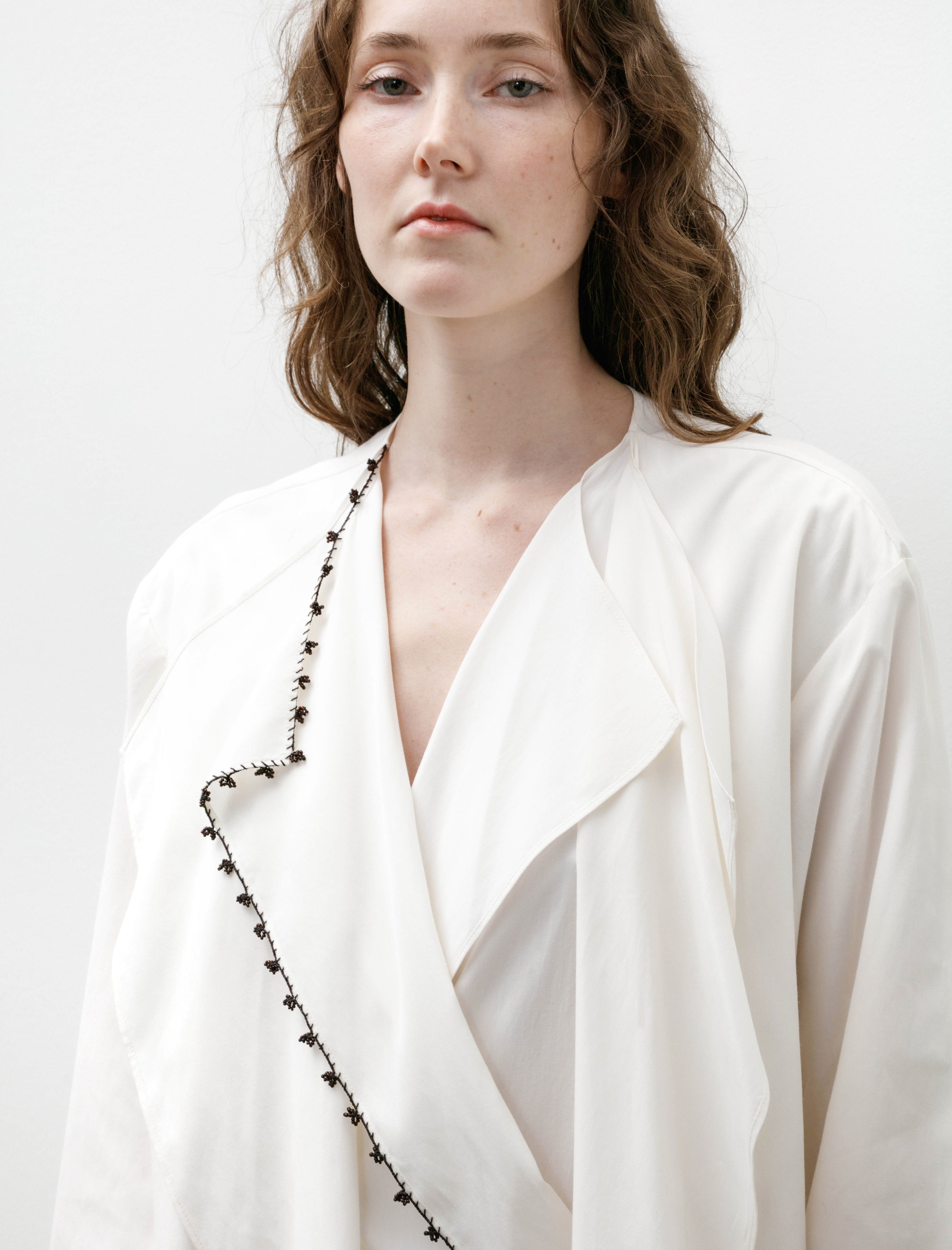 Sera Draped Long Dress With Oya Embroidery Off White/Brown Beads