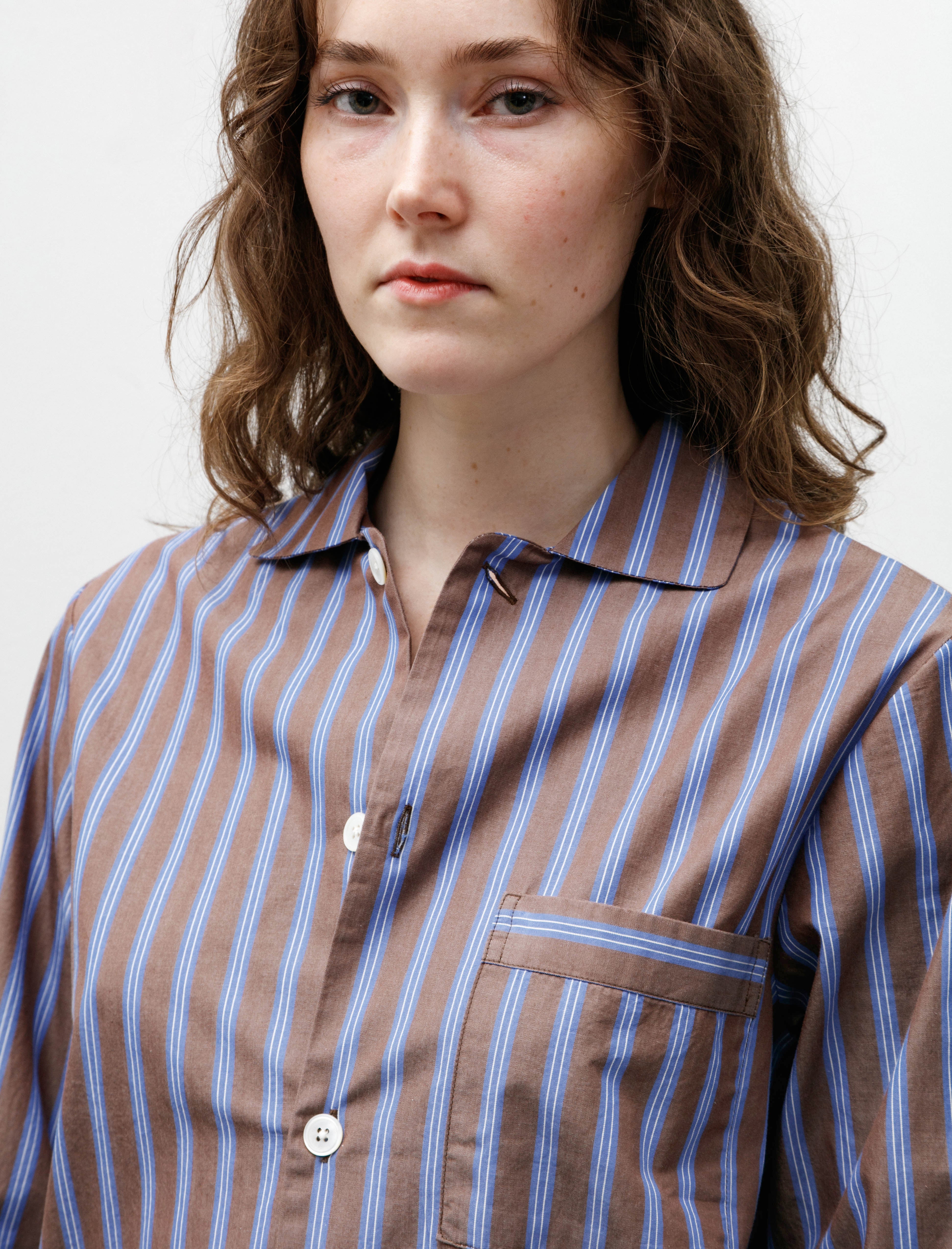 Tekla Poplin Pyjama Shirt Chestnut Stripe
