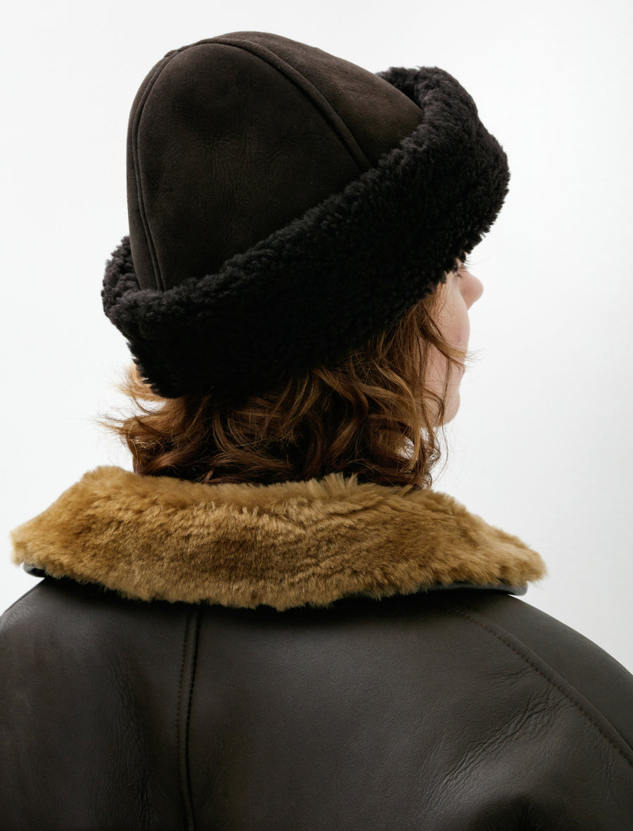 Suede Back Curly Sheepskin Cap Chocolate - Image 3