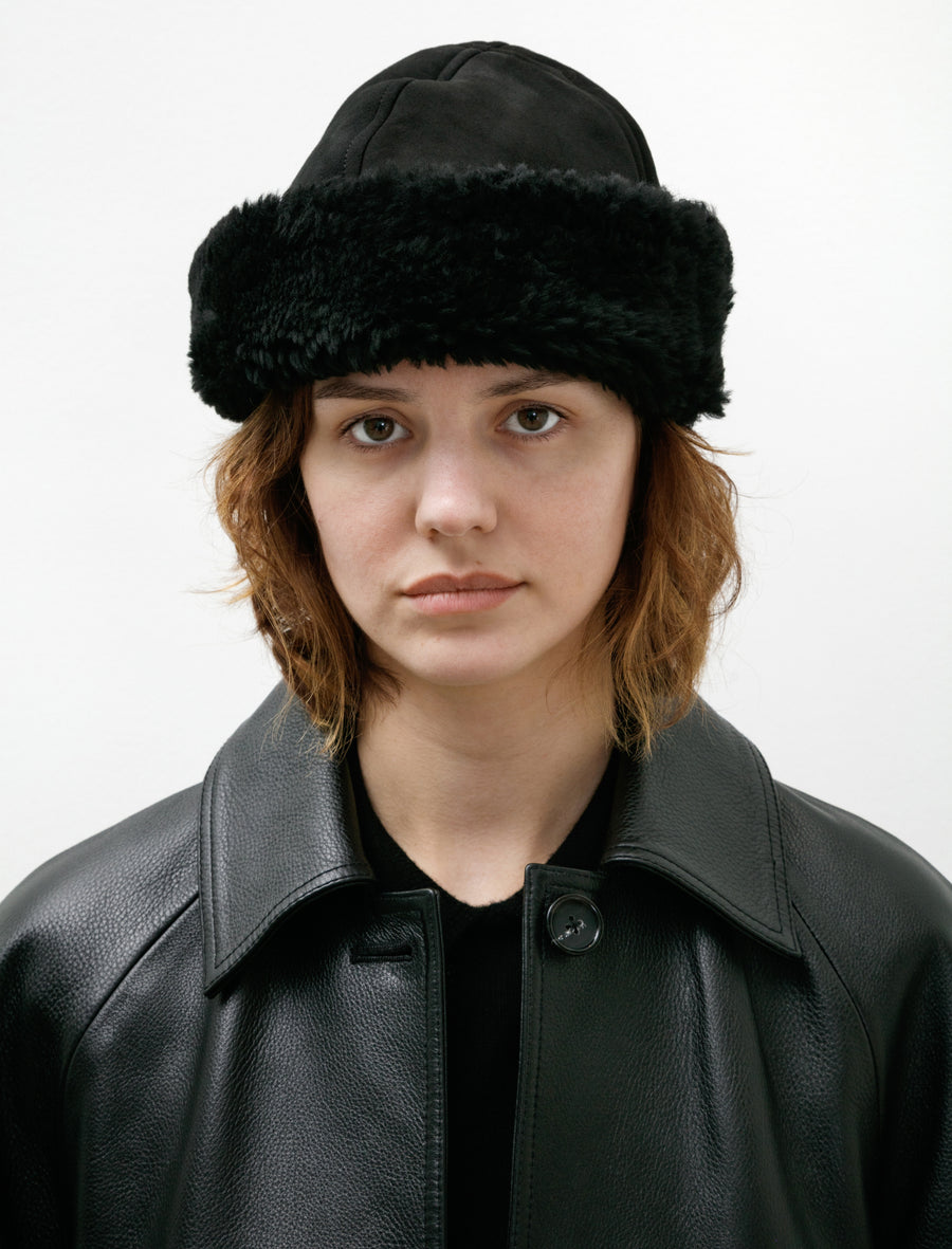 Suede Back Curly Sheepskin Cap Black - Image 1