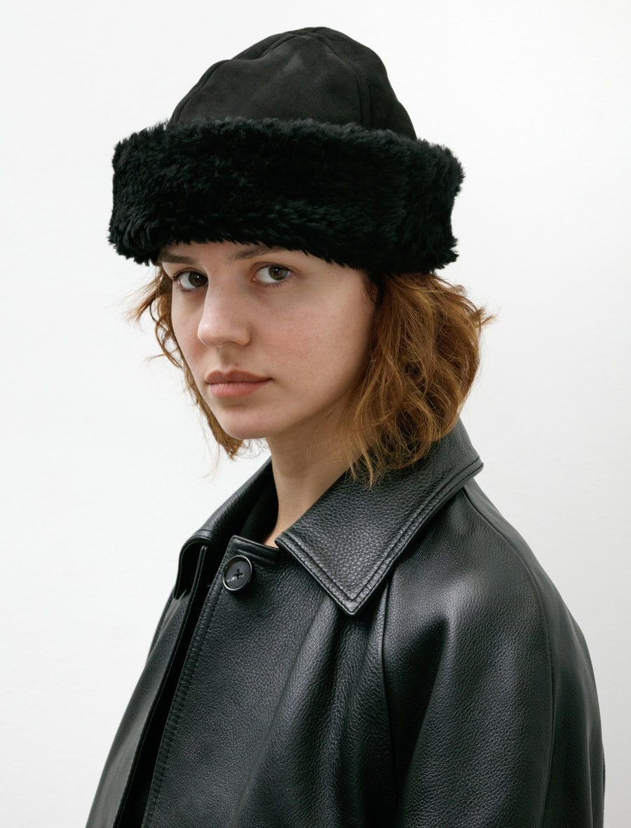 Suede Back Curly Sheepskin Cap Black - Image 2