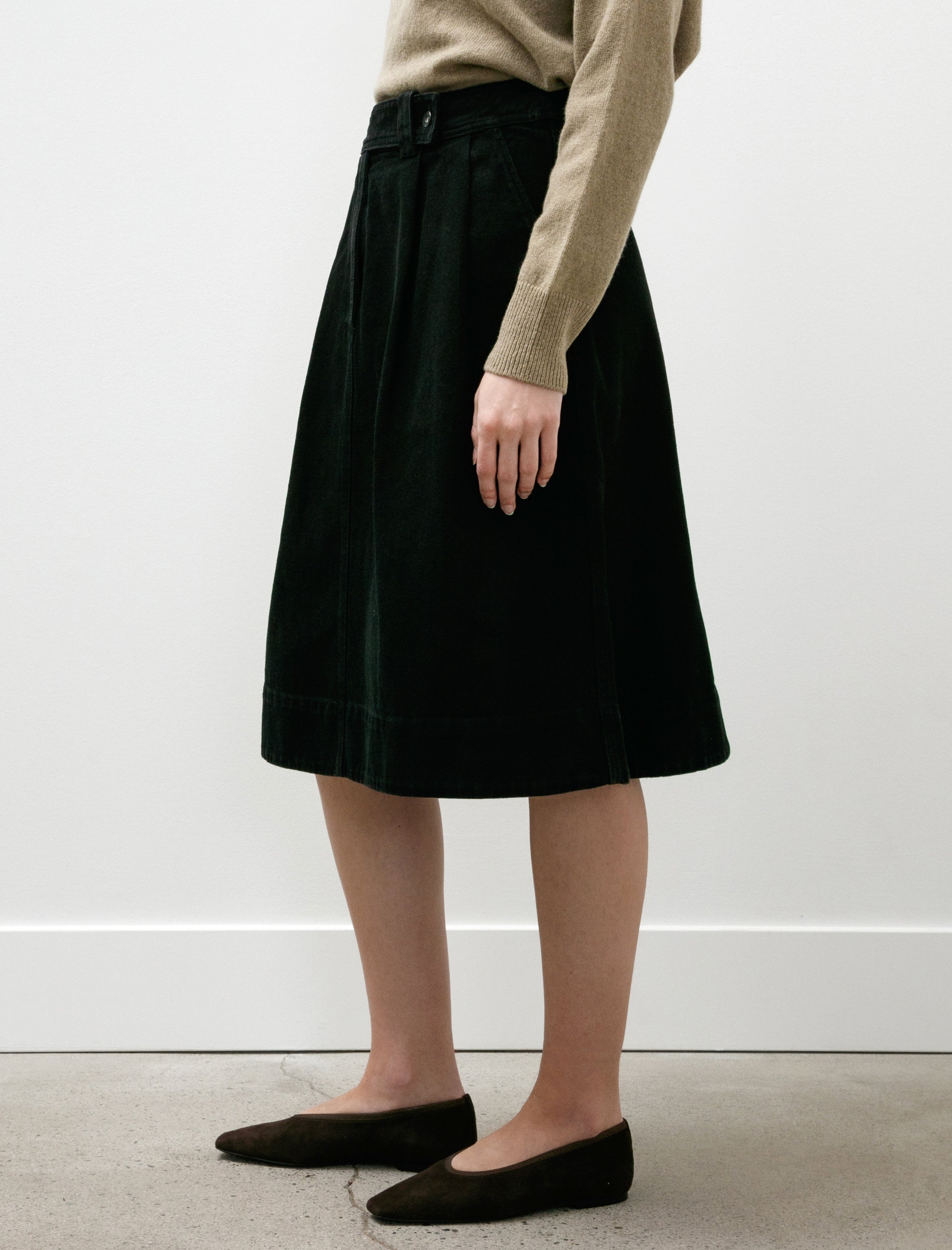 Margaret Howell MHL Double Pleat Skirt Cotton Denim Black