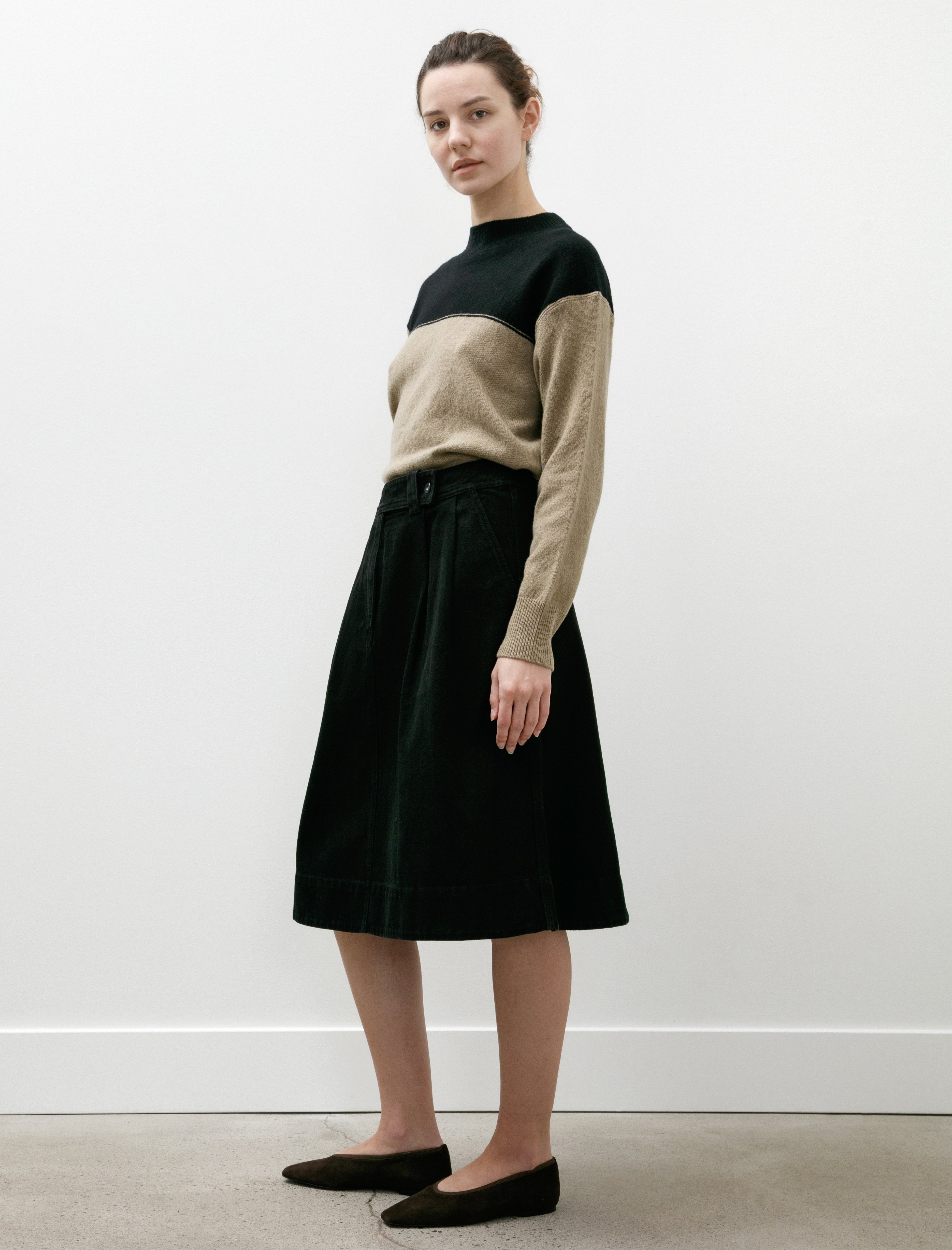 Margaret Howell MHL Double Pleat Skirt Cotton Denim Black