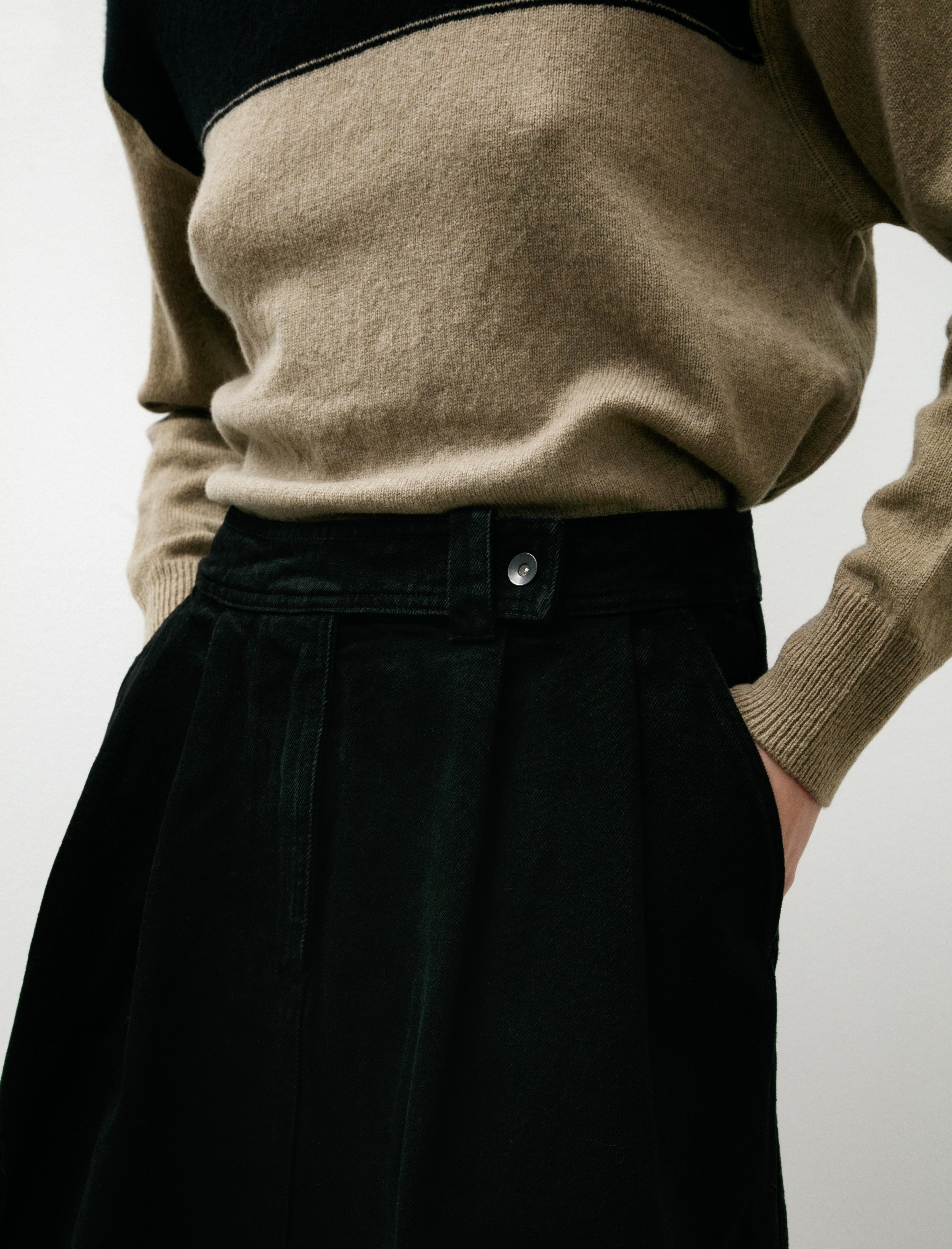 Margaret Howell MHL Double Pleat Skirt Cotton Denim Black