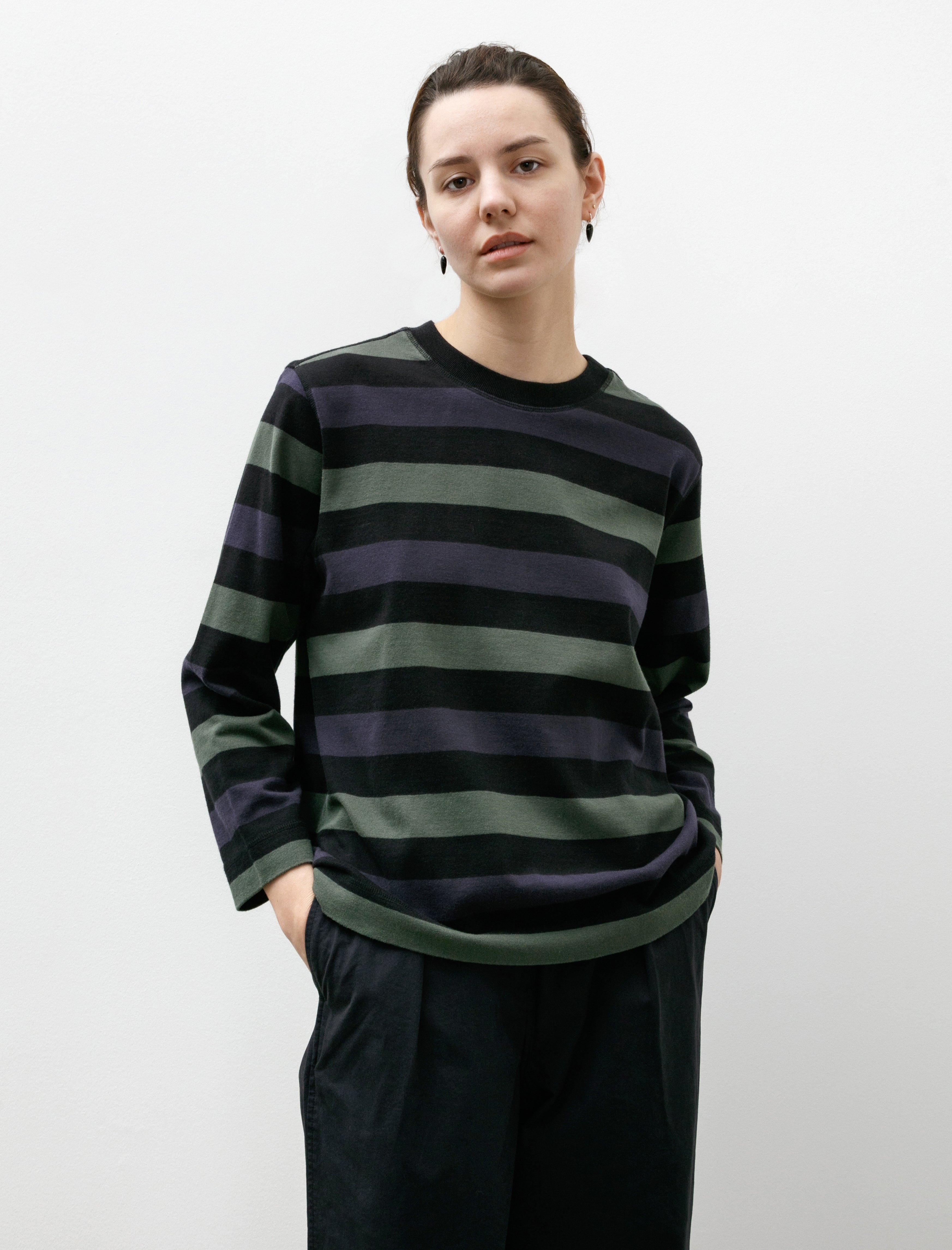 MHL Crewneck Matelot Three Colour Block Stripe Off Black/Indigo/Uniform Green
