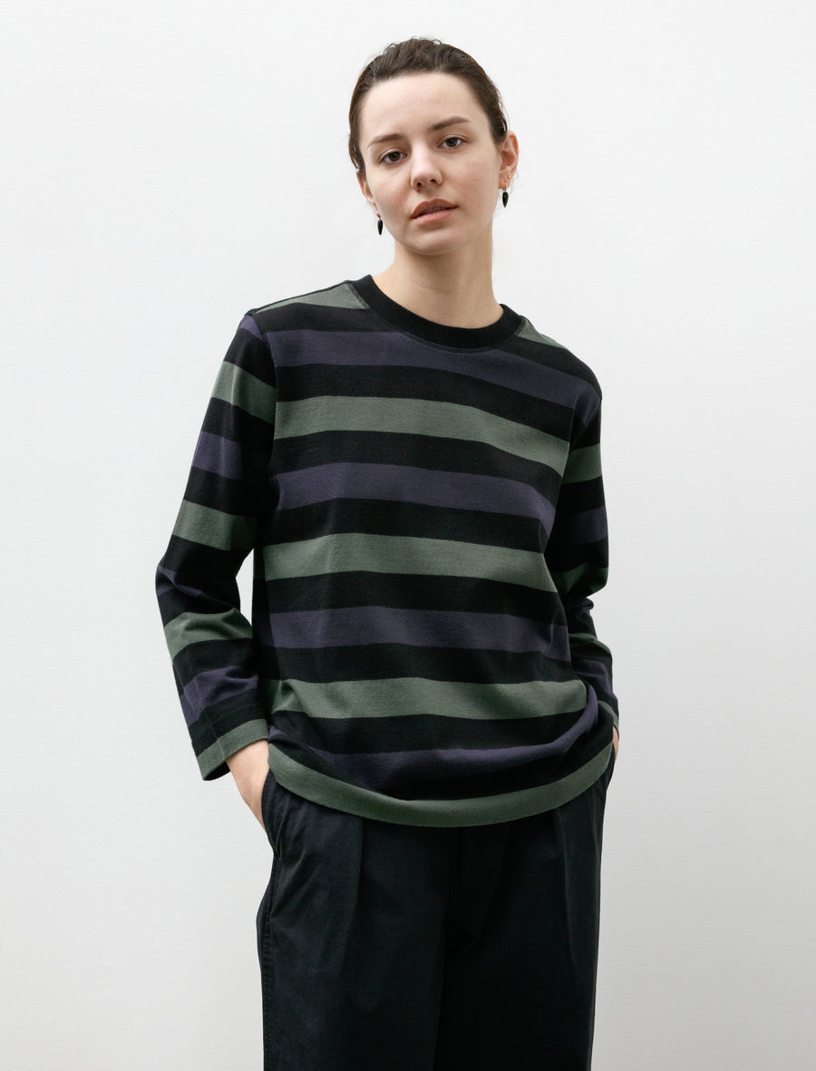 MHL Crewneck Matelot Three Colour Block Stripe Off Black/Indigo/Uniform Green - Image 1