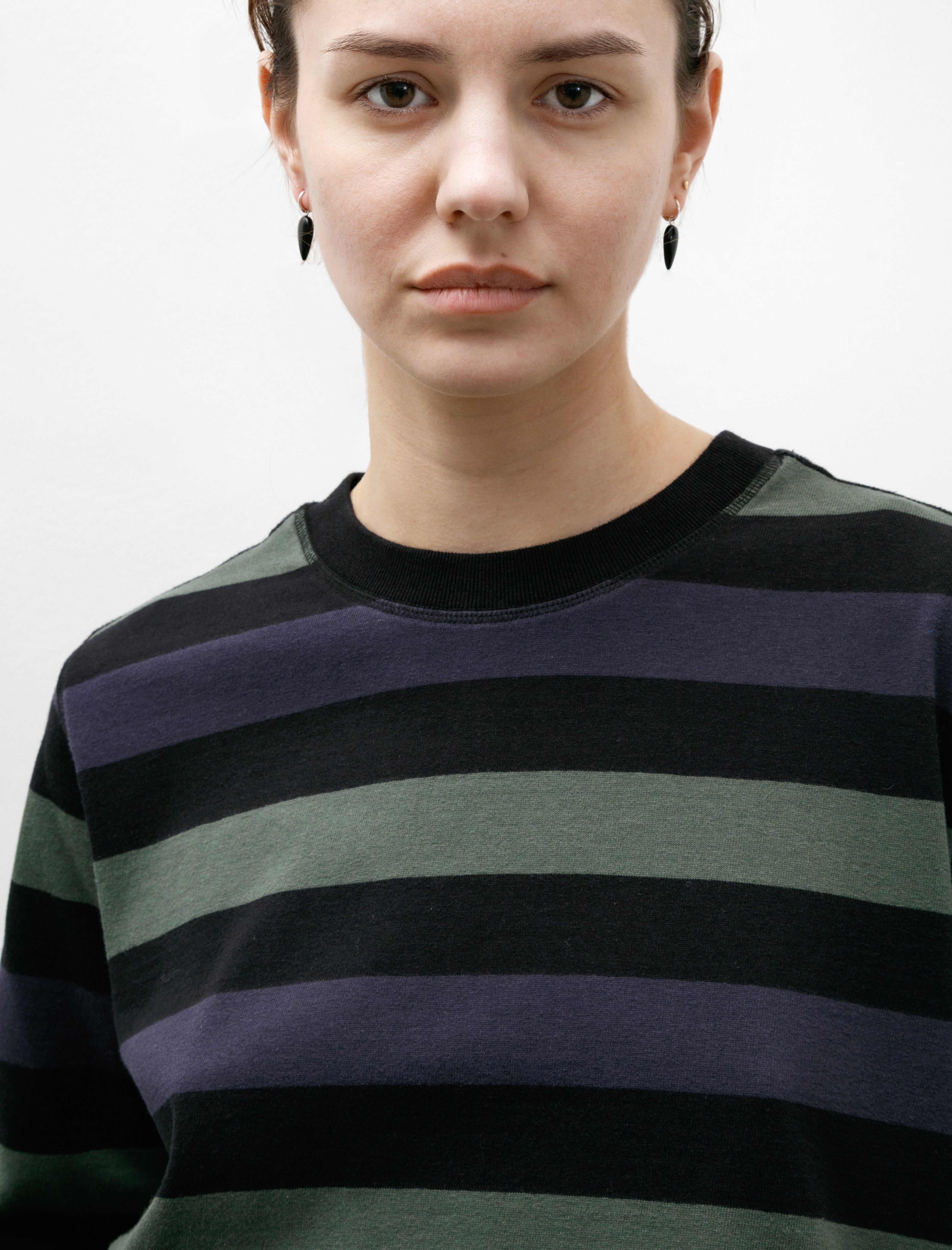 MHL Crewneck Matelot Three Colour Block Stripe Off Black/Indigo/Uniform Green