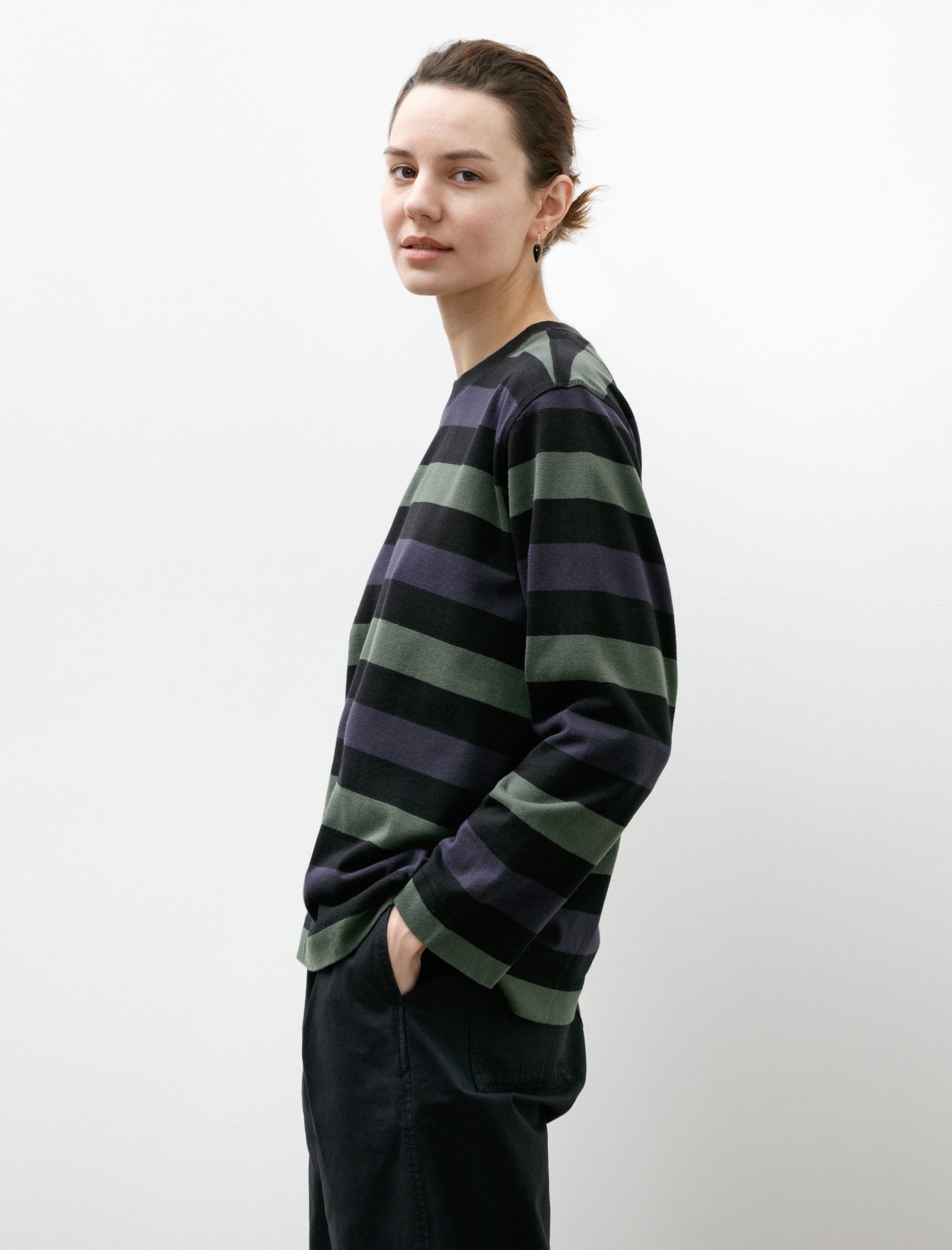MHL Crewneck Matelot Three Colour Block Stripe Off Black/Indigo/Uniform Green