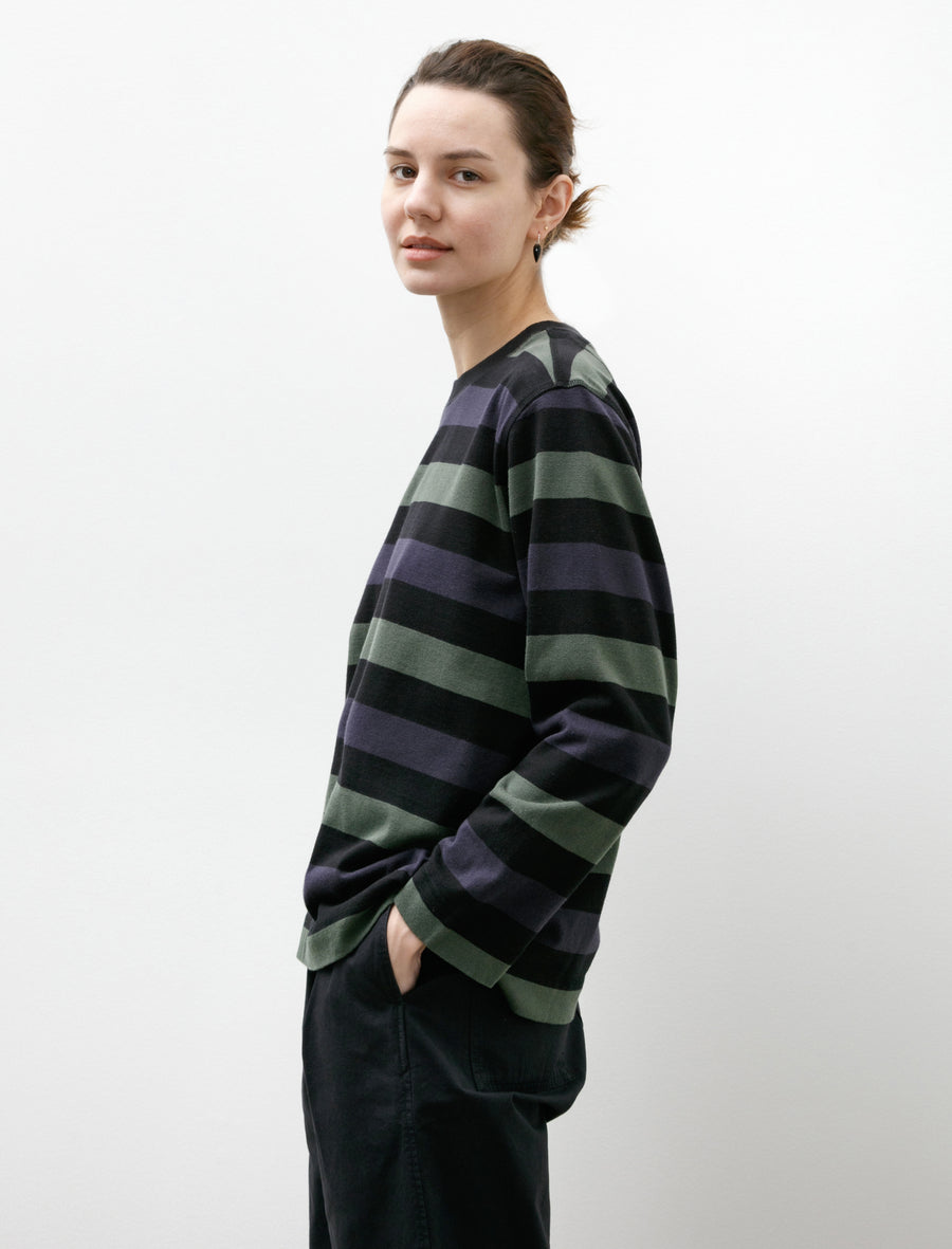 MHL Crewneck Matelot Three Colour Block Stripe Off Black/Indigo/Uniform Green - Image 3
