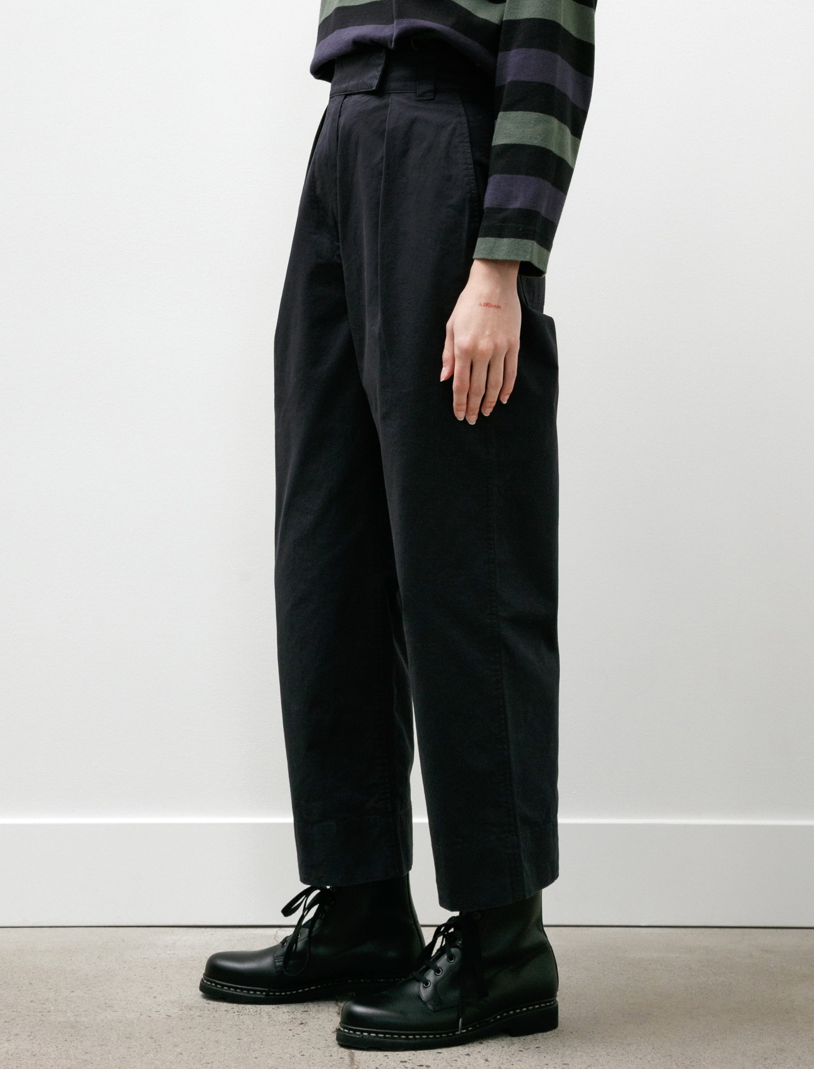 Margaret Howell MHL Pleated Crop Trousers Soft Dense Cotton Navy