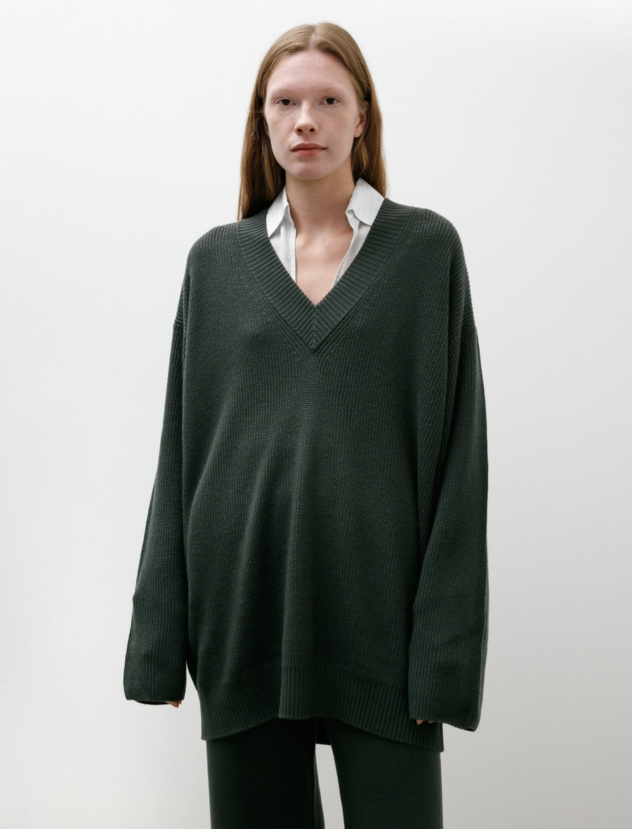 Mercerized Fine Wool Oversized V-Neck Knit Green - Image 1