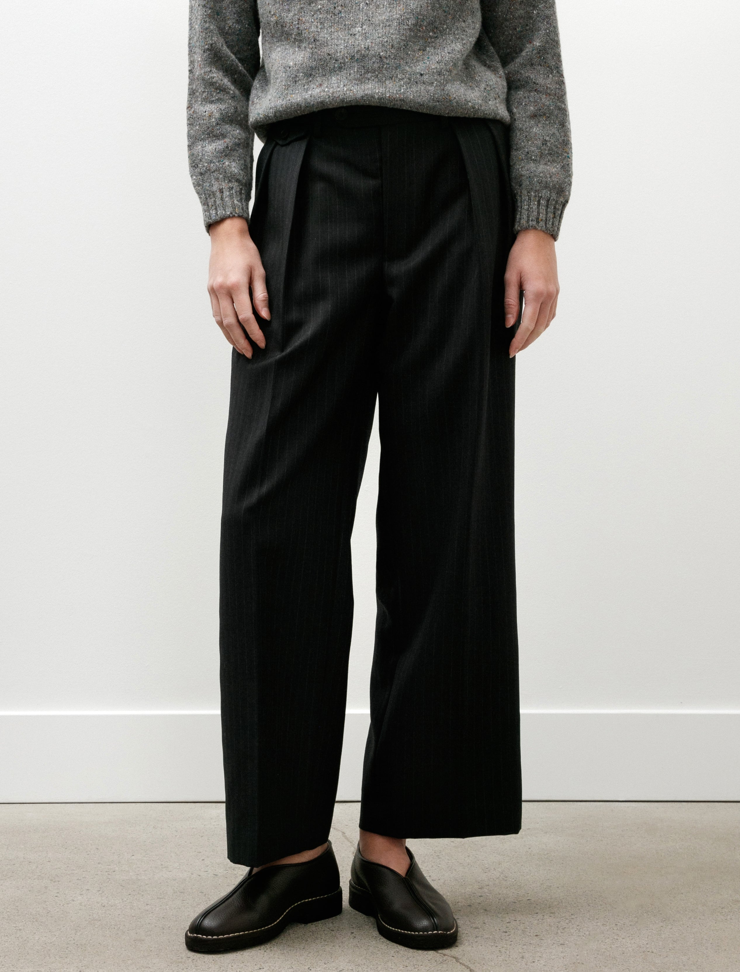 Auralee Bluefaced Wool Two-Tuck Slacks Charcoal Navy Stripe