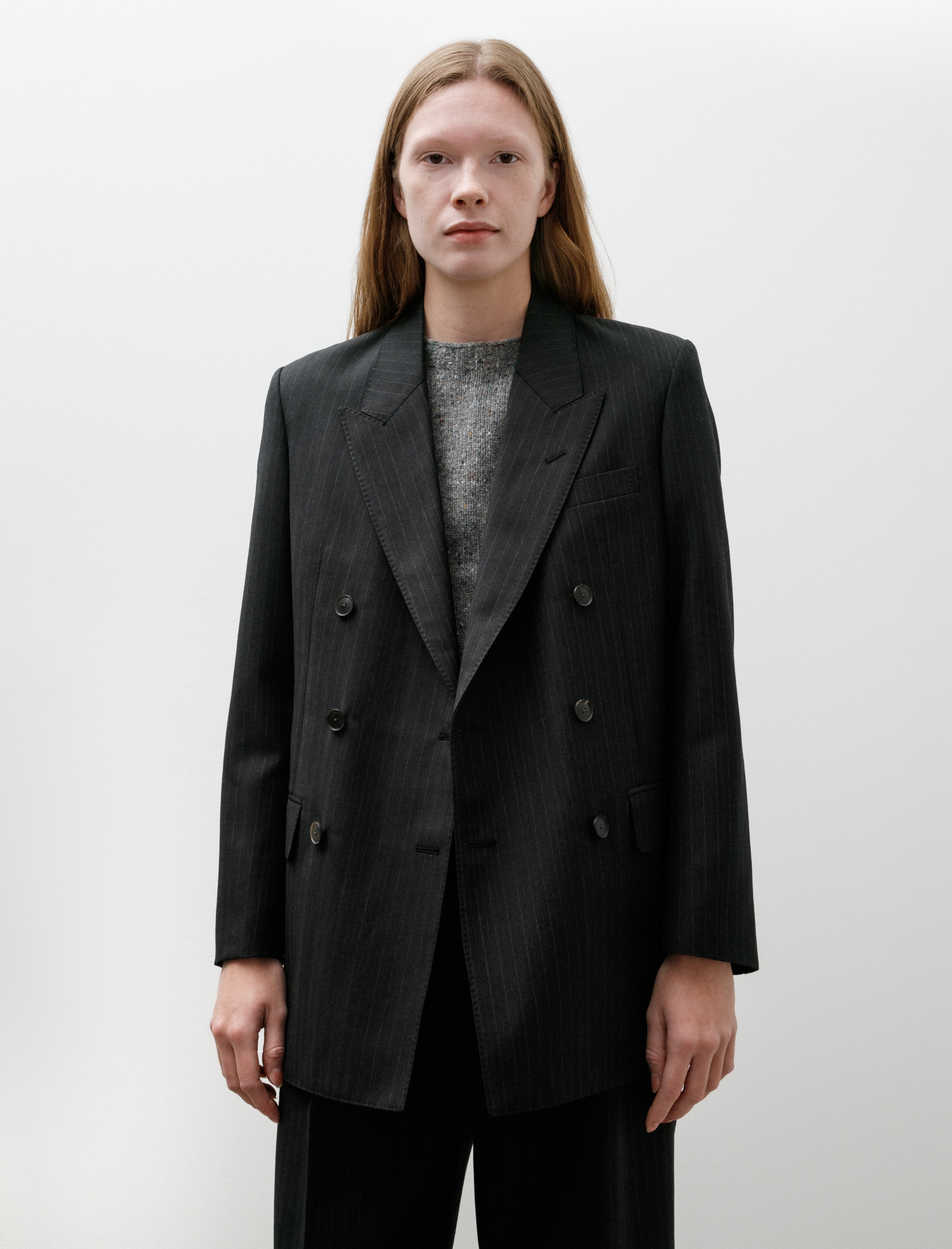 Auralee Bluefaced Wool Double-Breasted Jacket Charcoal Navy Striped