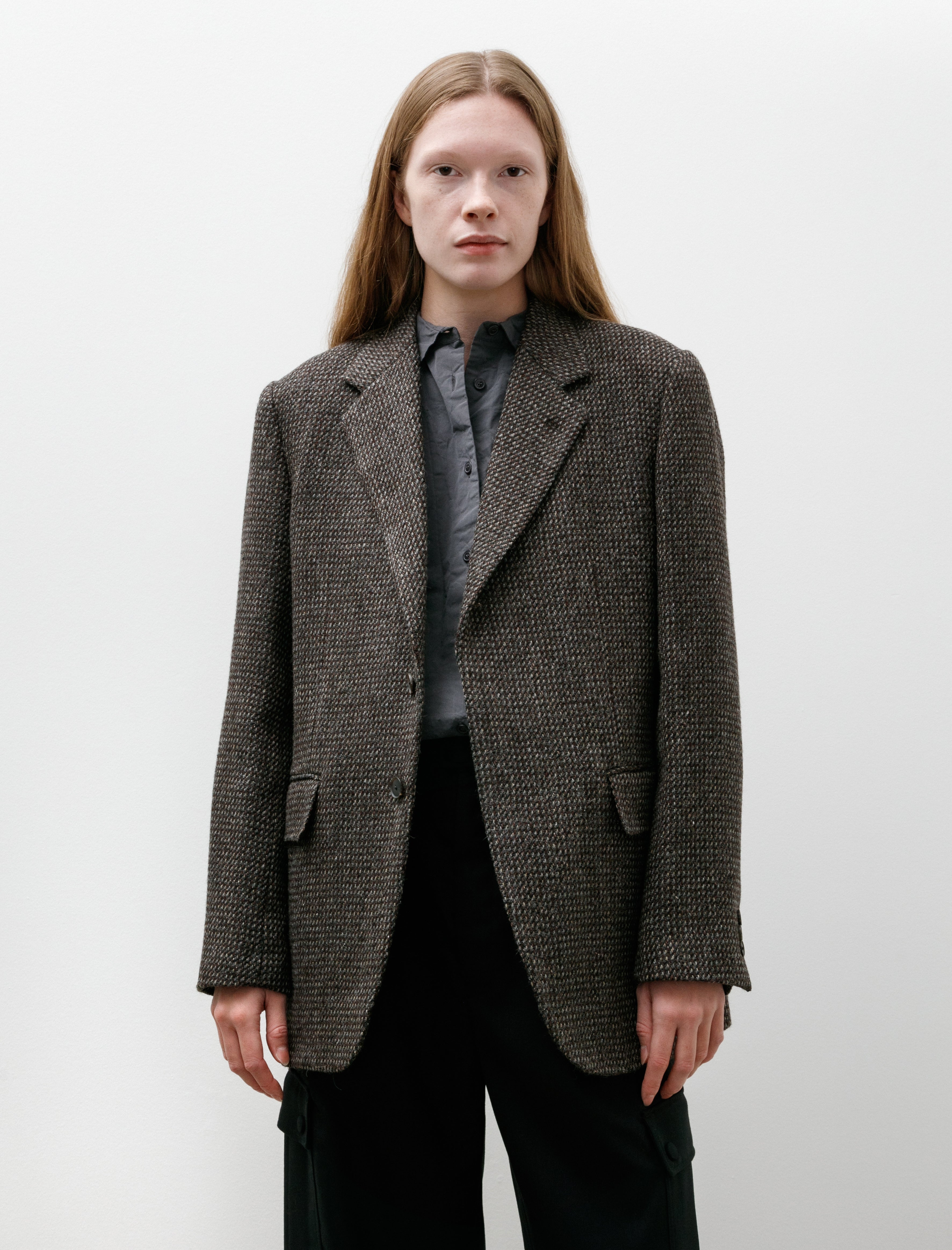 Auralee Alpaca Wool Silk Tweed Over Jacket Grey Brown Hairline