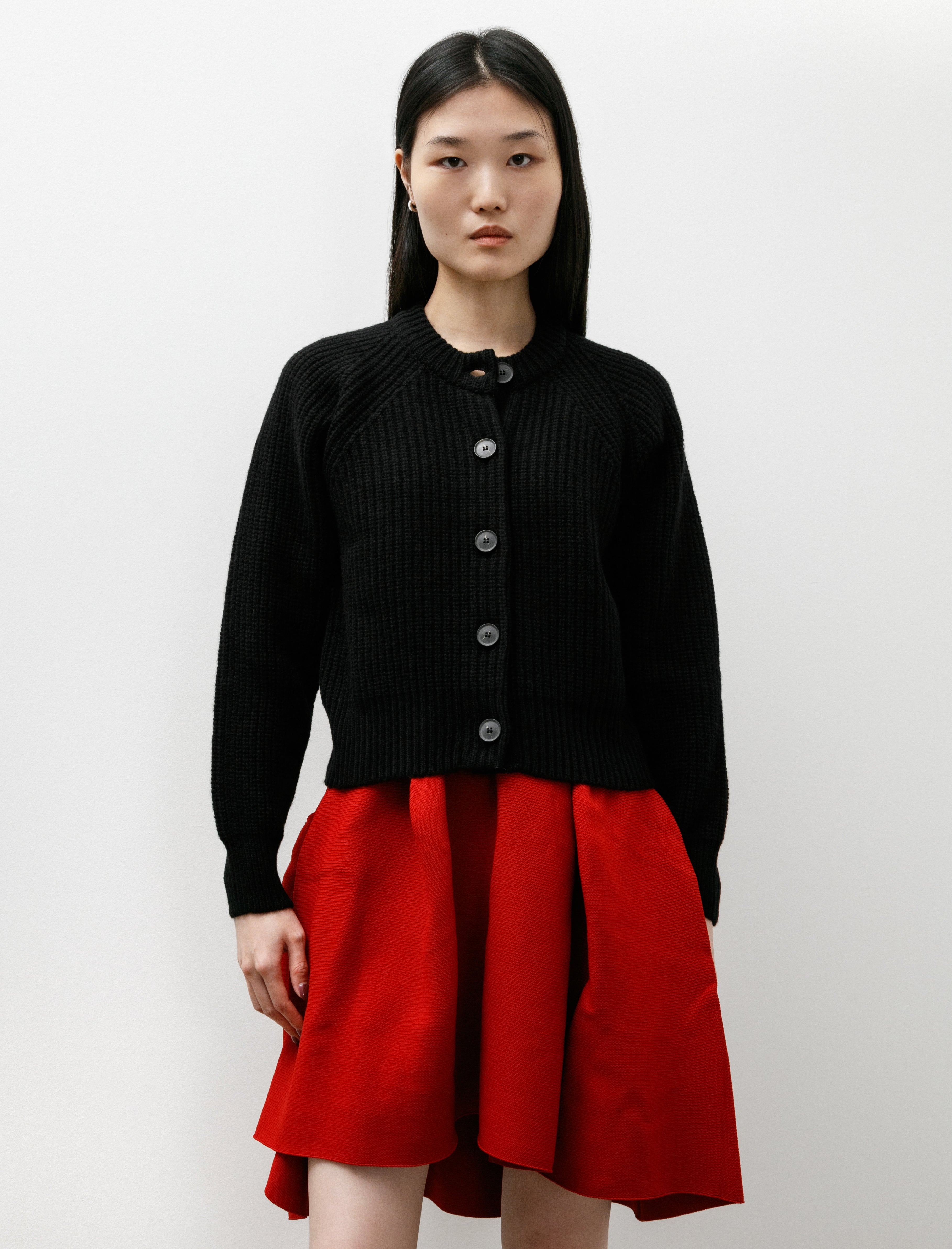 Sunspel Ribbed Crew Neck Cardigan Black