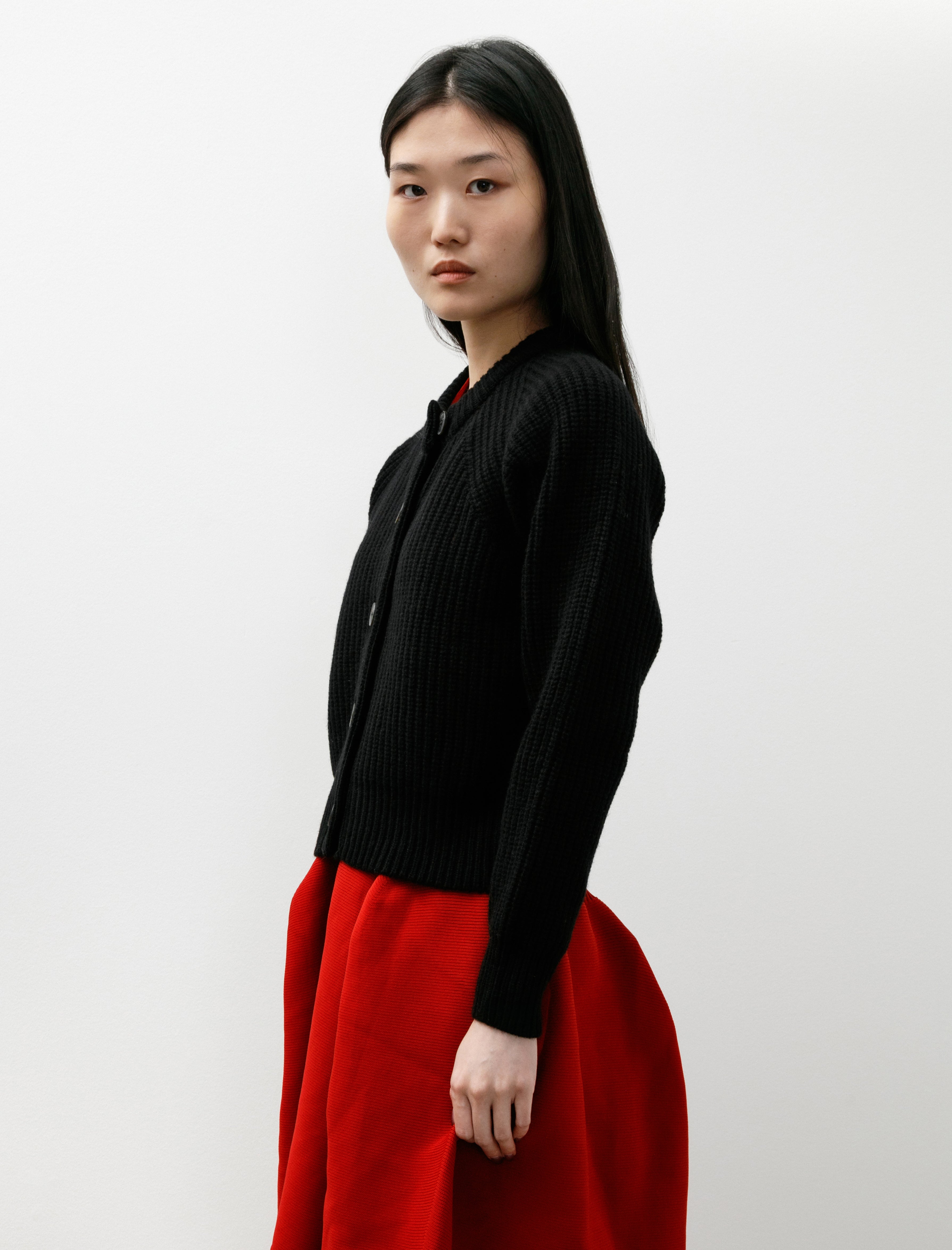 Sunspel Ribbed Crew Neck Cardigan Black