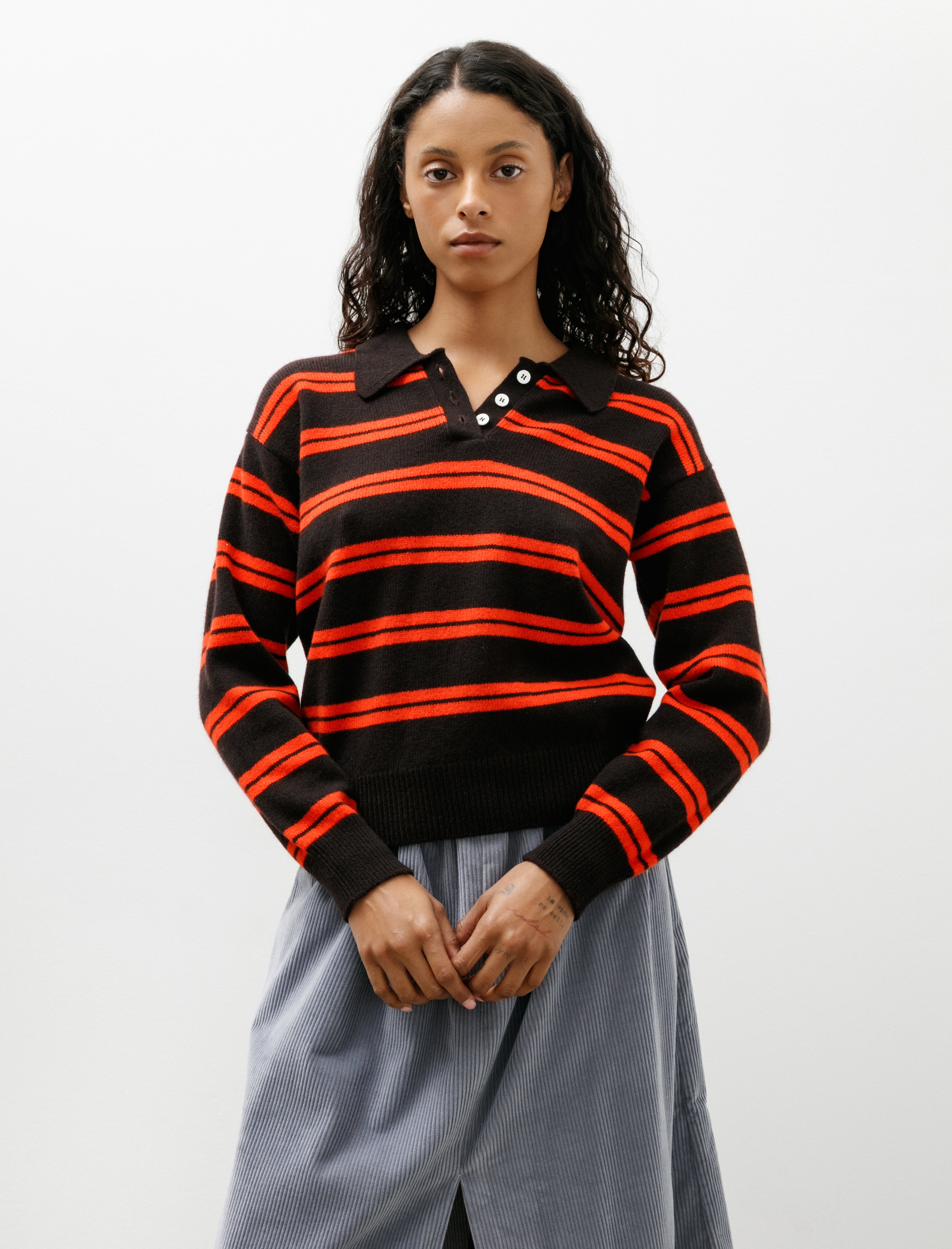 & Daughter Edie Stripe Polo Dark Brown with Poppy Red