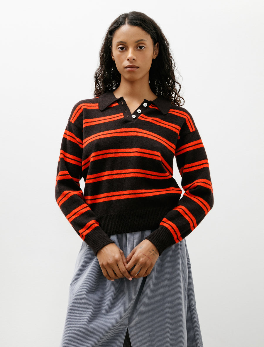 Edie Stripe Polo Dark Brown with Poppy Red - Image 1