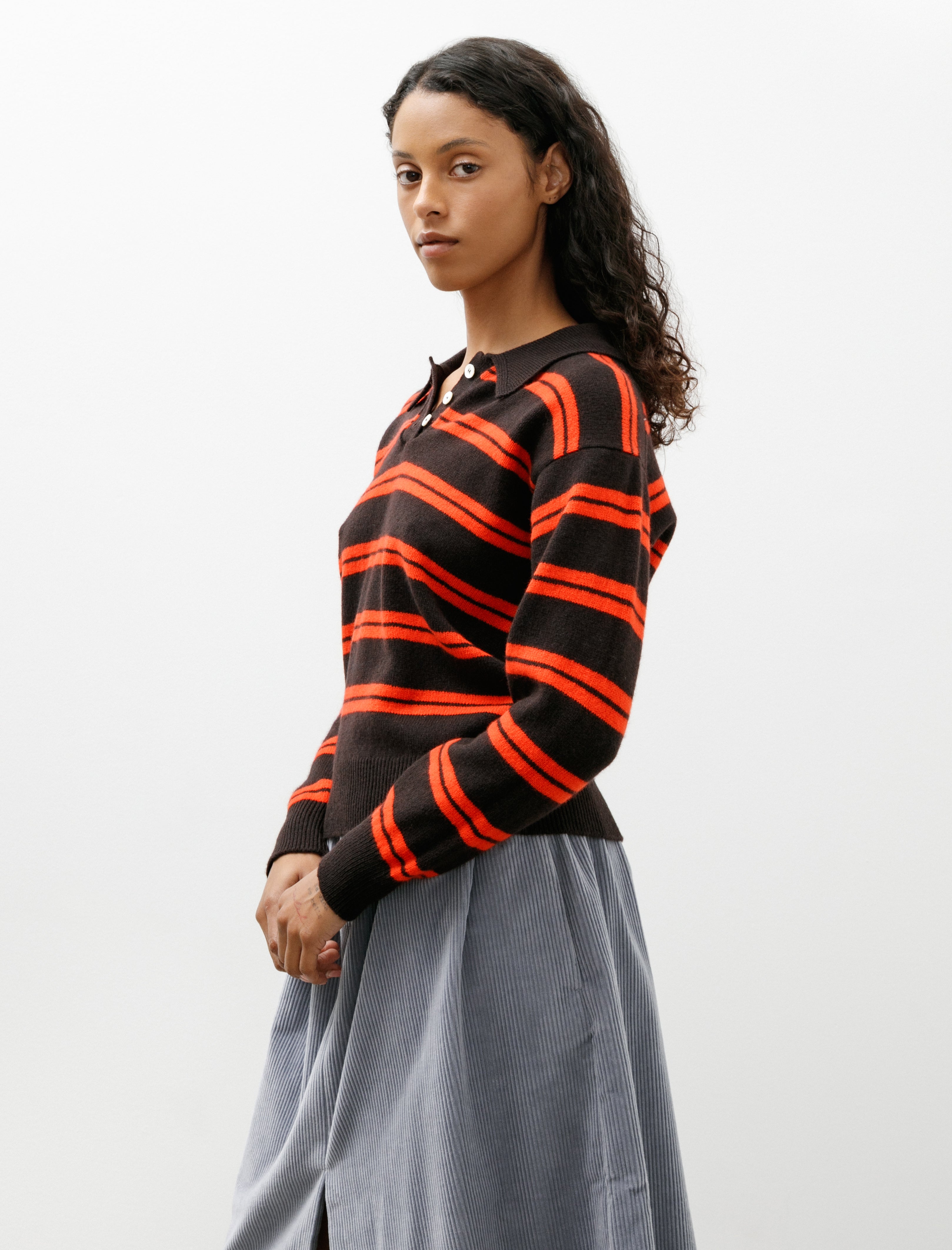 & Daughter Edie Stripe Polo Dark Brown with Poppy Red