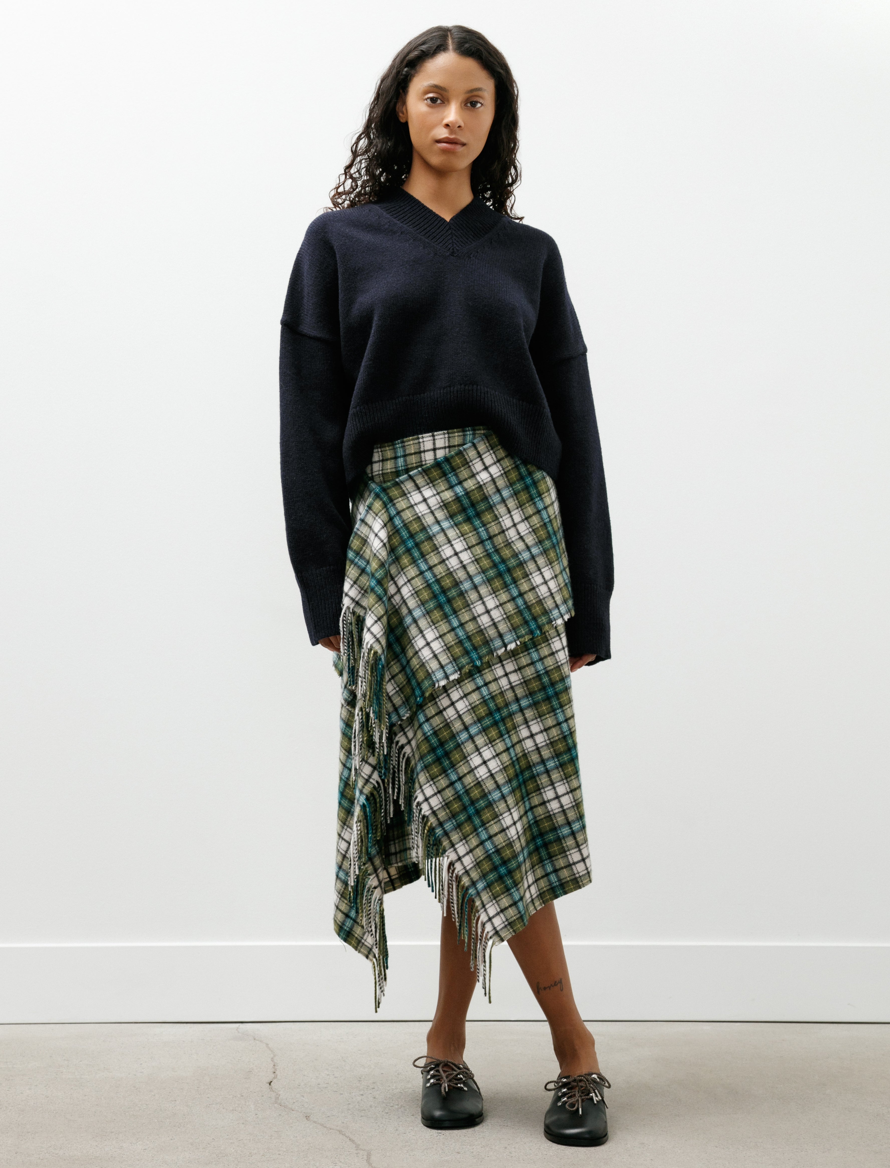 Auralee Cashmere Check Wrap Skirt Moss Green