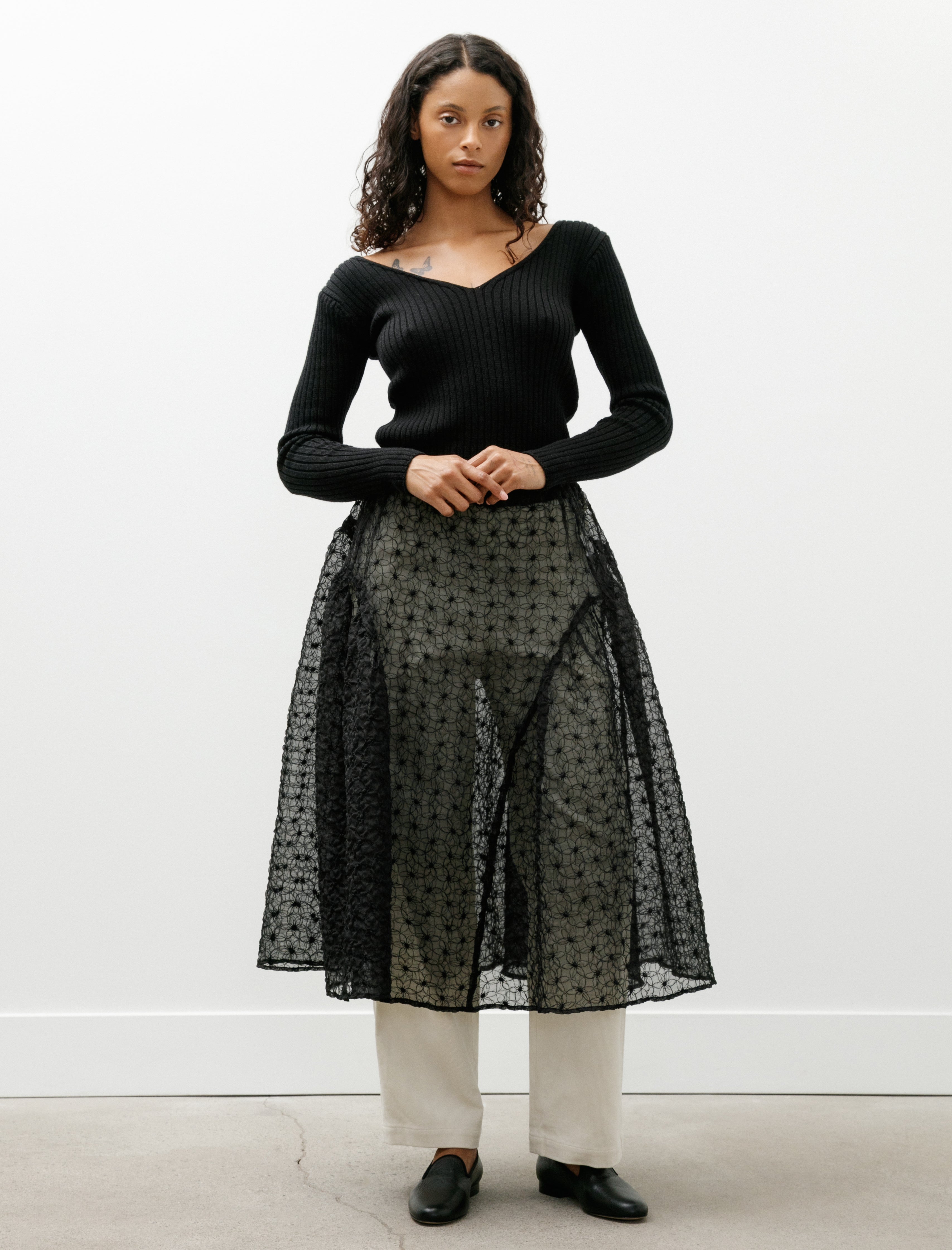 Wanze Easy Gathered Skirt Embroidered Organza Black
