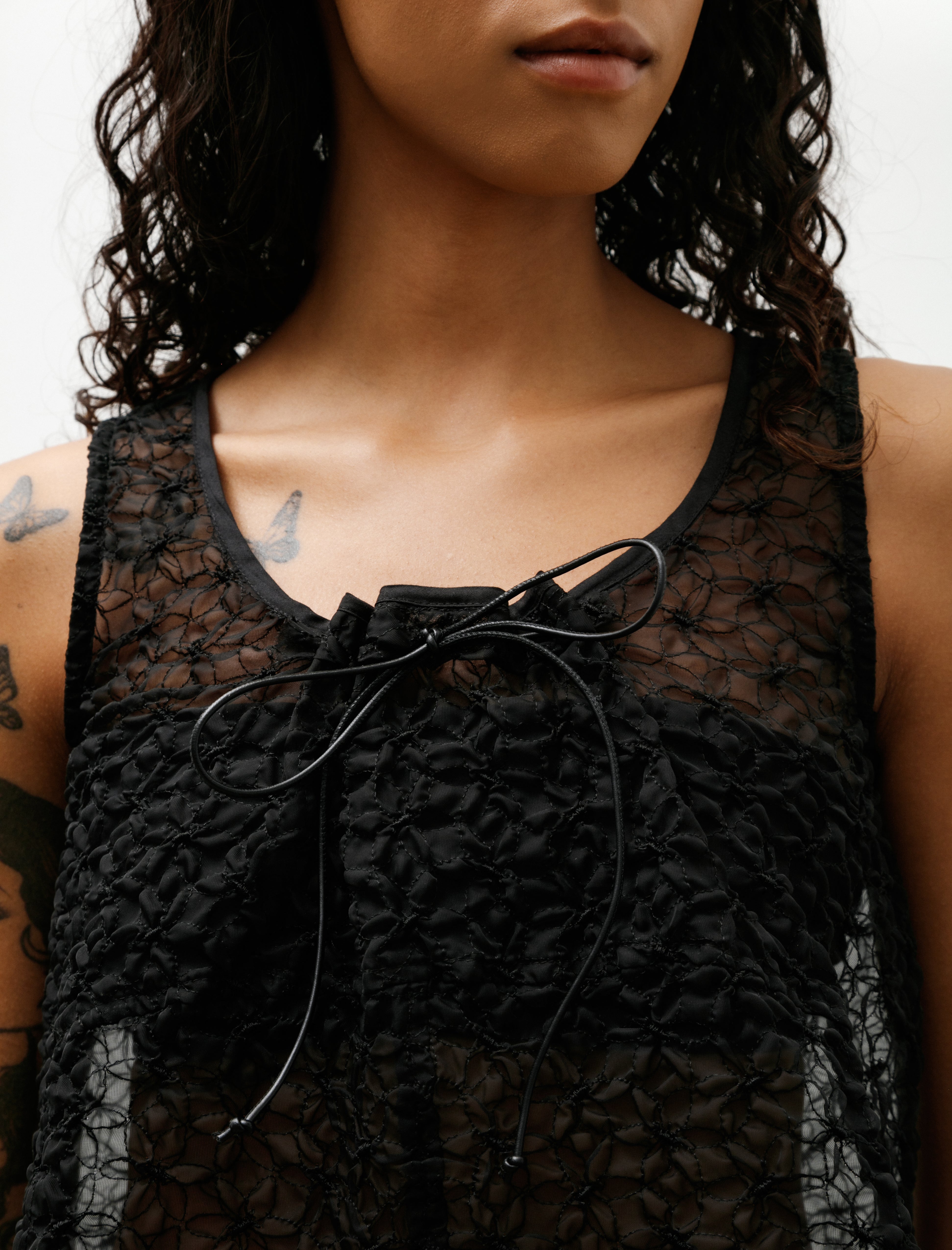 Wanze Gathered Tank Embroidered Organza Black