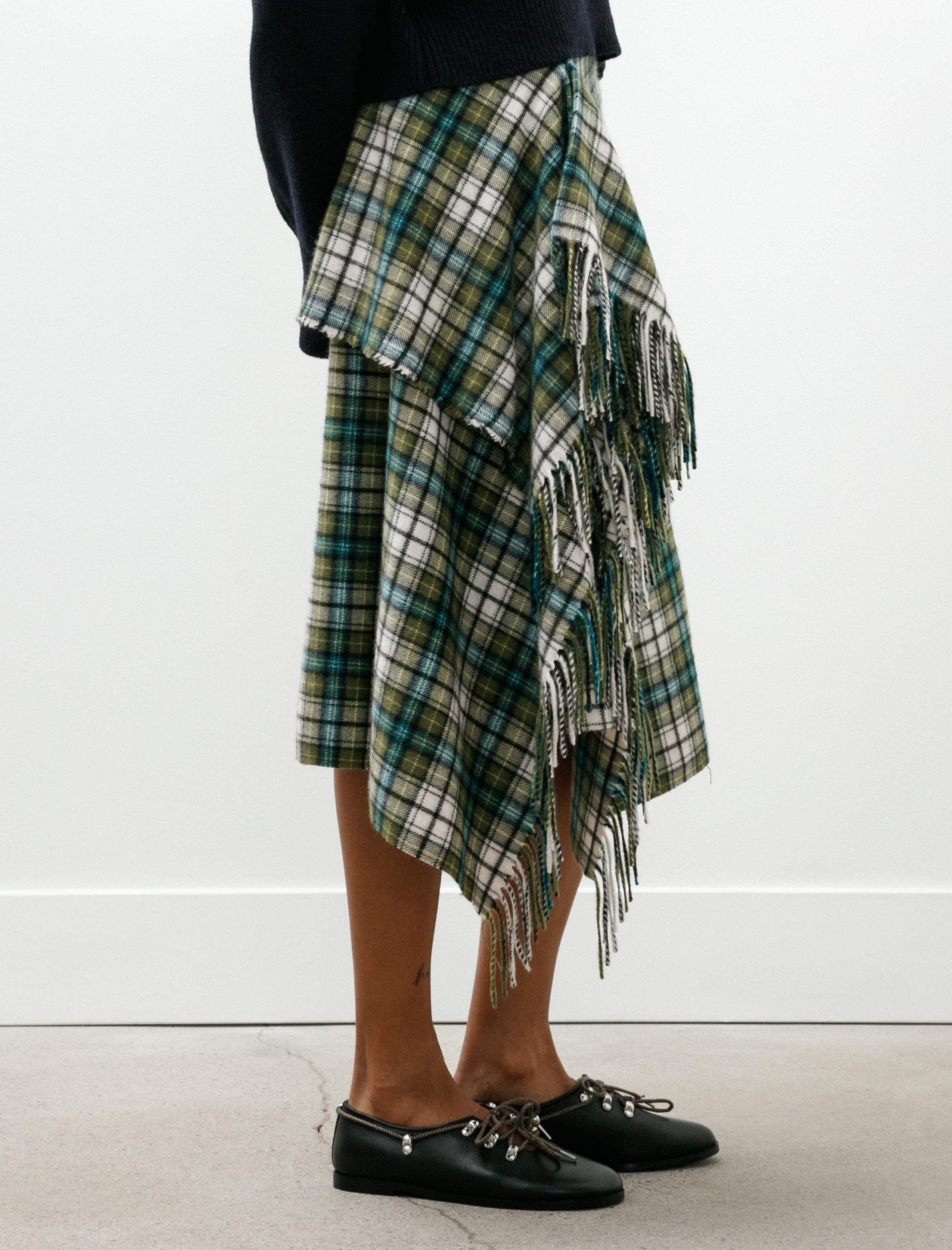 Auralee Cashmere Check Wrap Skirt Moss Green