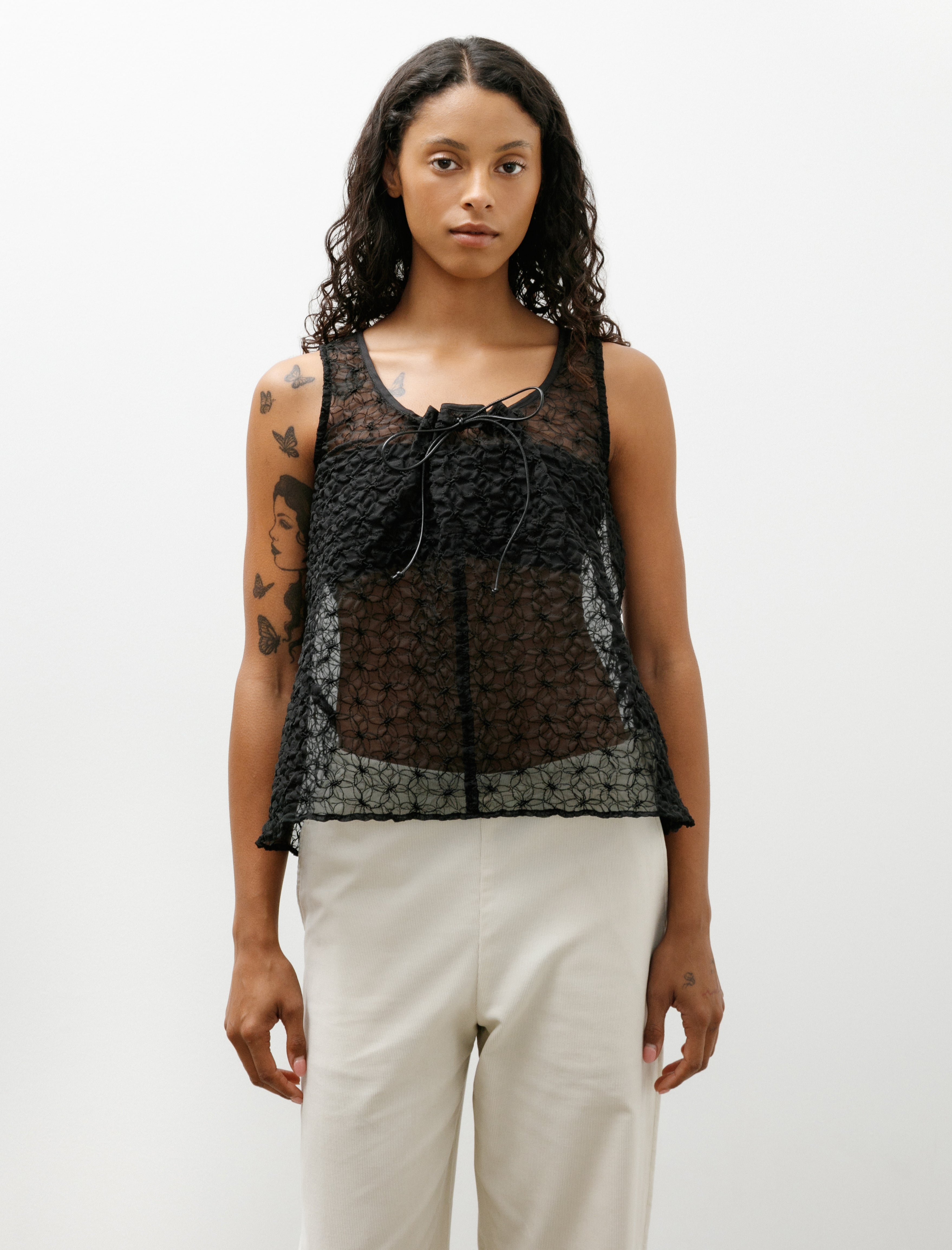 Wanze Gathered Tank Embroidered Organza Black
