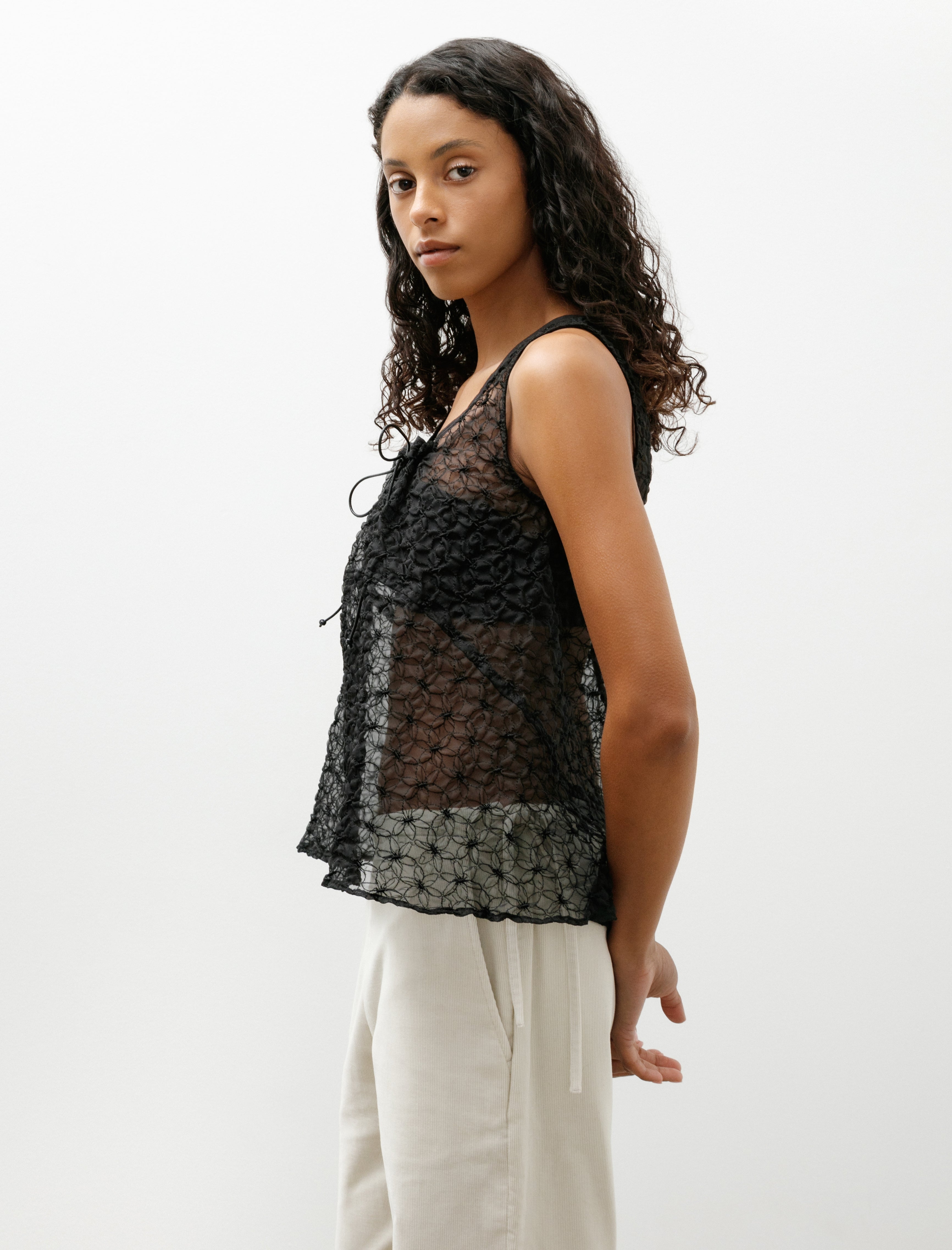 Wanze Gathered Tank Embroidered Organza Black