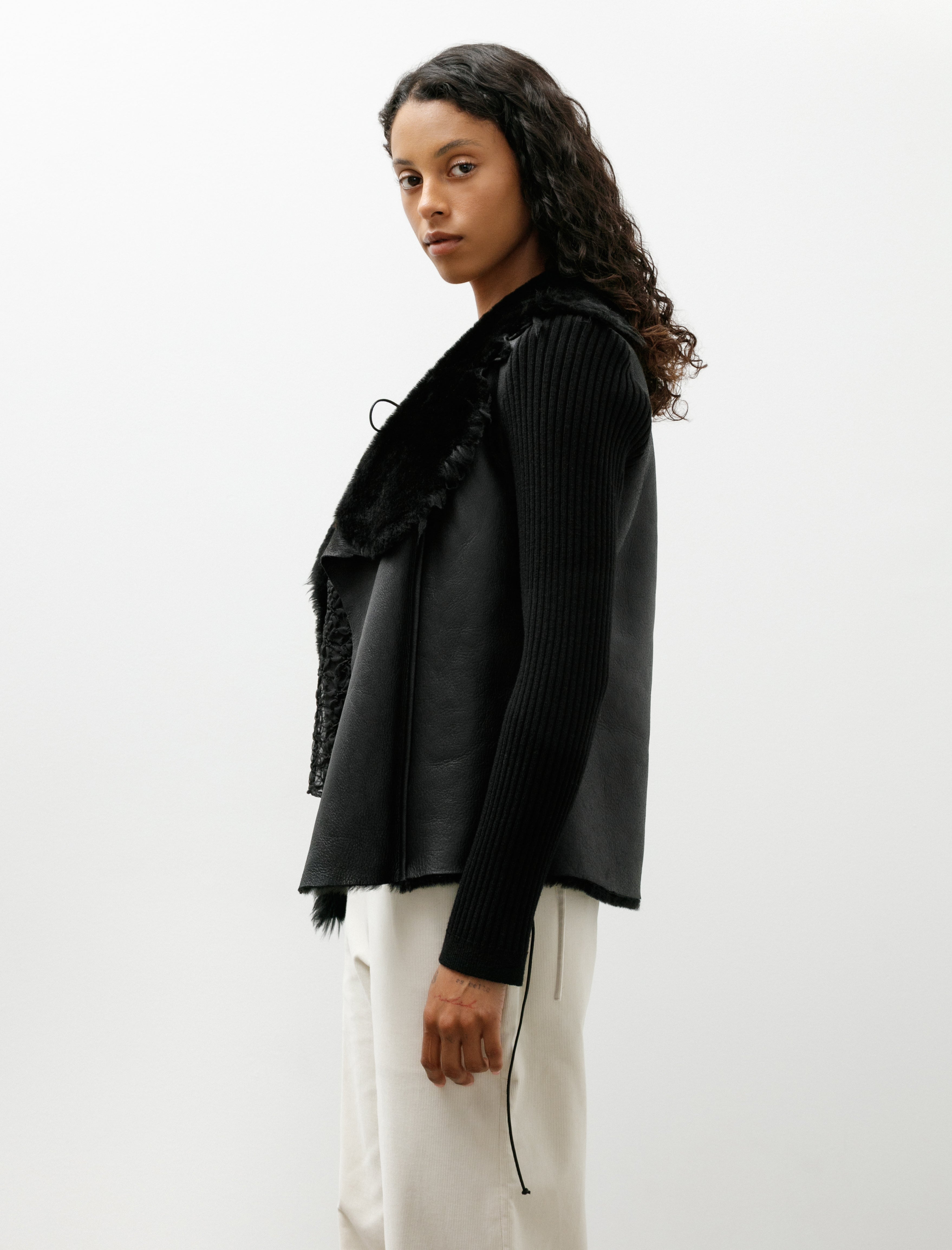 Wanze Wrap Cardigan Shearling Leather Black